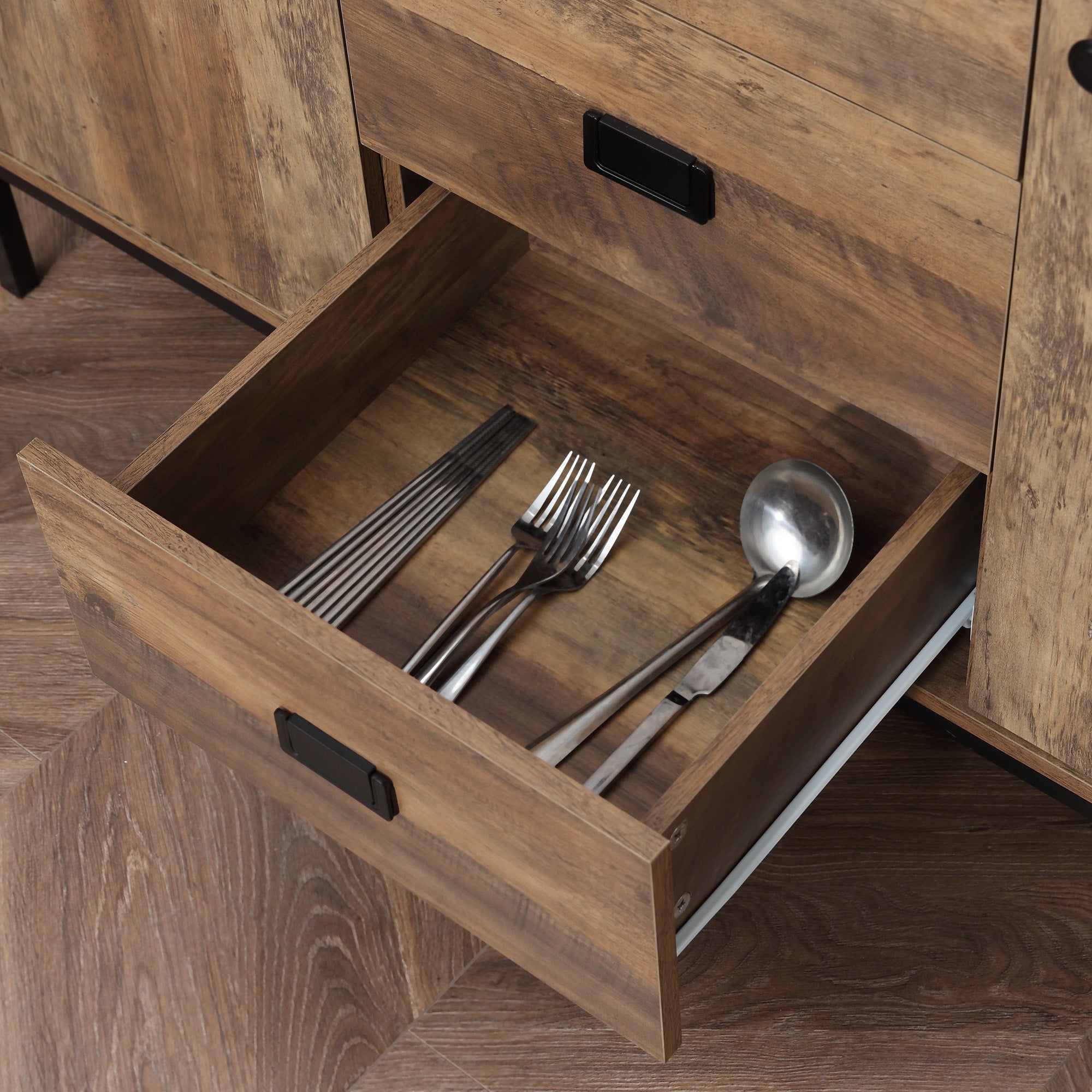 HOMCOM Industrial Sideboard with 3 Drawers, Storage Cabinet, Accent Cupboard with 2 Doors and Adjustable Shelves for Kitchen, Dining Room, Living Room, Distressed Brown