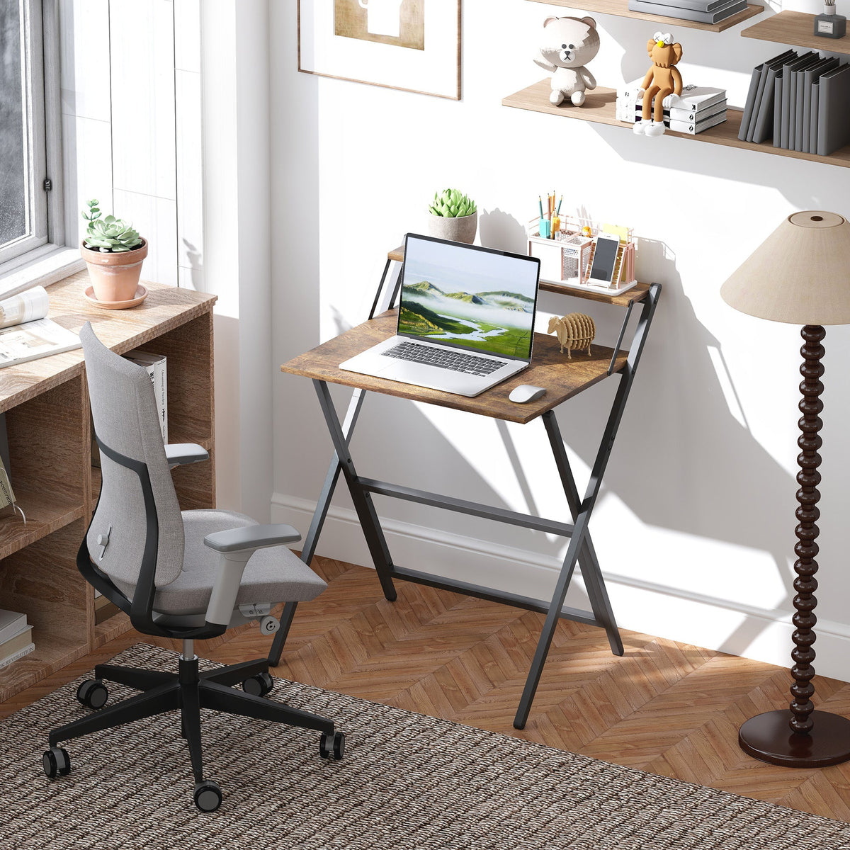 HOMCOM 70 cm Folding Computer Desk with Monitor Shelf - Rustic Brown