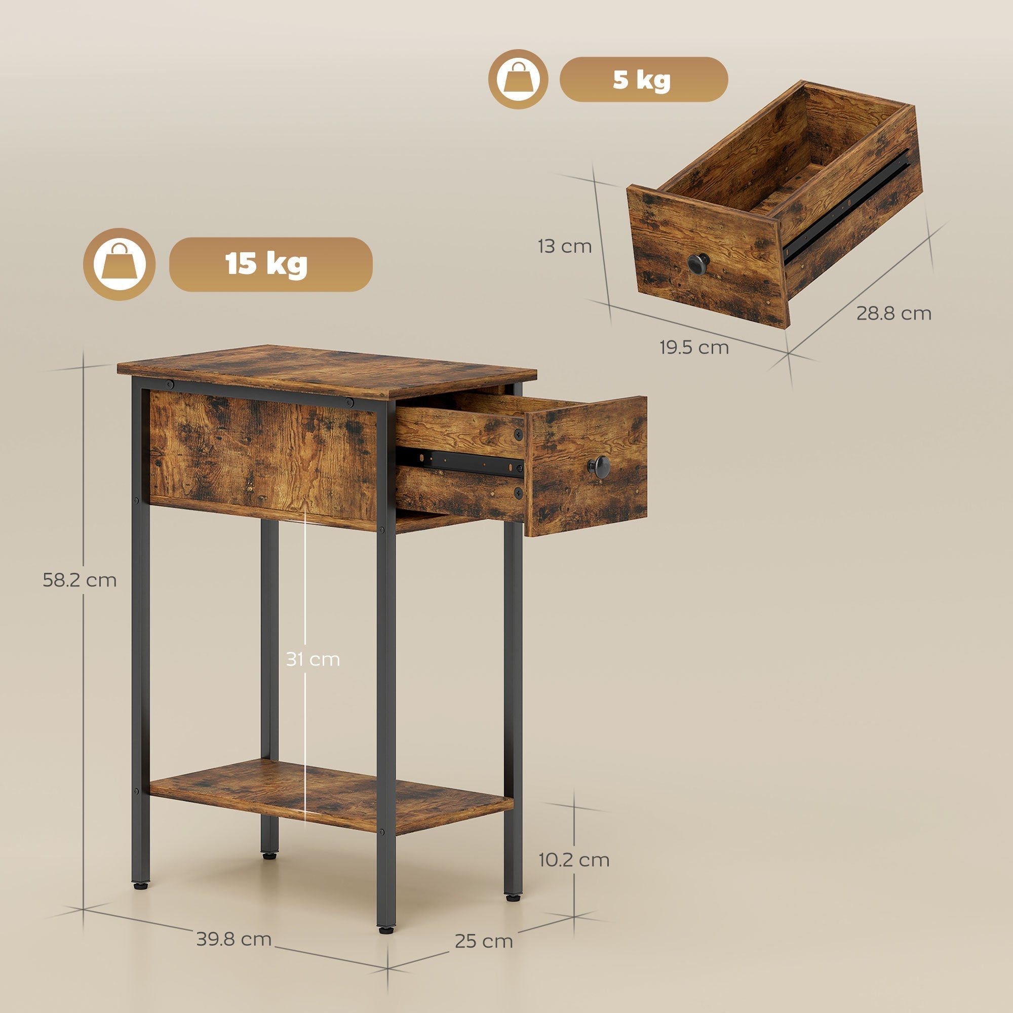 HOMCOM Narrow Side Table with Drawer and Storage Shelf - Rustic Brown