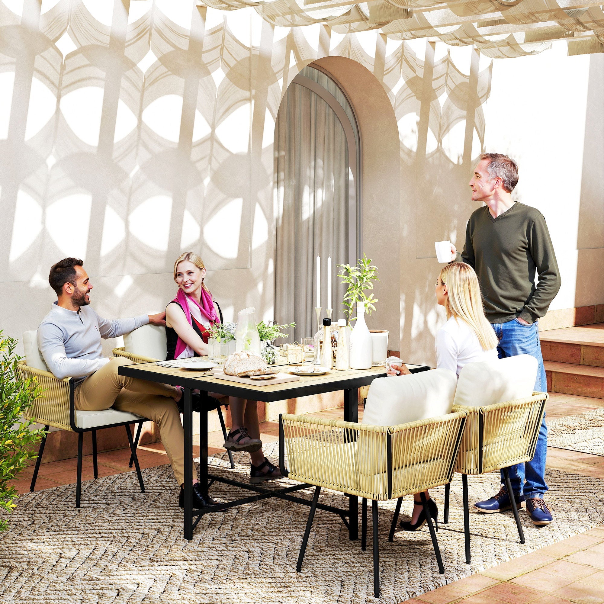 Outsunny 5 Piece Garden Furniture Set, Garden Dining Set with Wood-Plastic Table and 4 Stackable Chairs, Beige