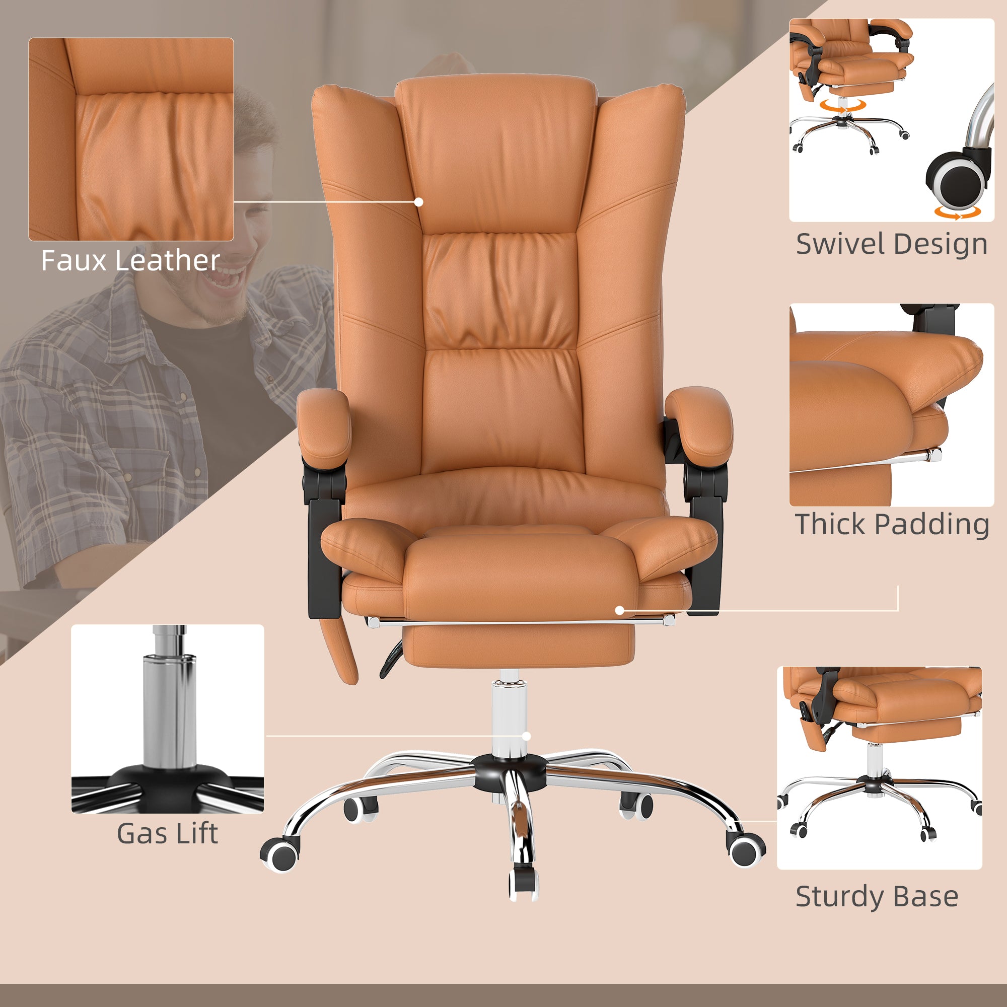 Vinsetto High Back Vibration Massage Office Chair, Heated Reclining PU Leather Computer Chair with 135√Ç¬∞ Reclining Back and Footrest, Light Brown