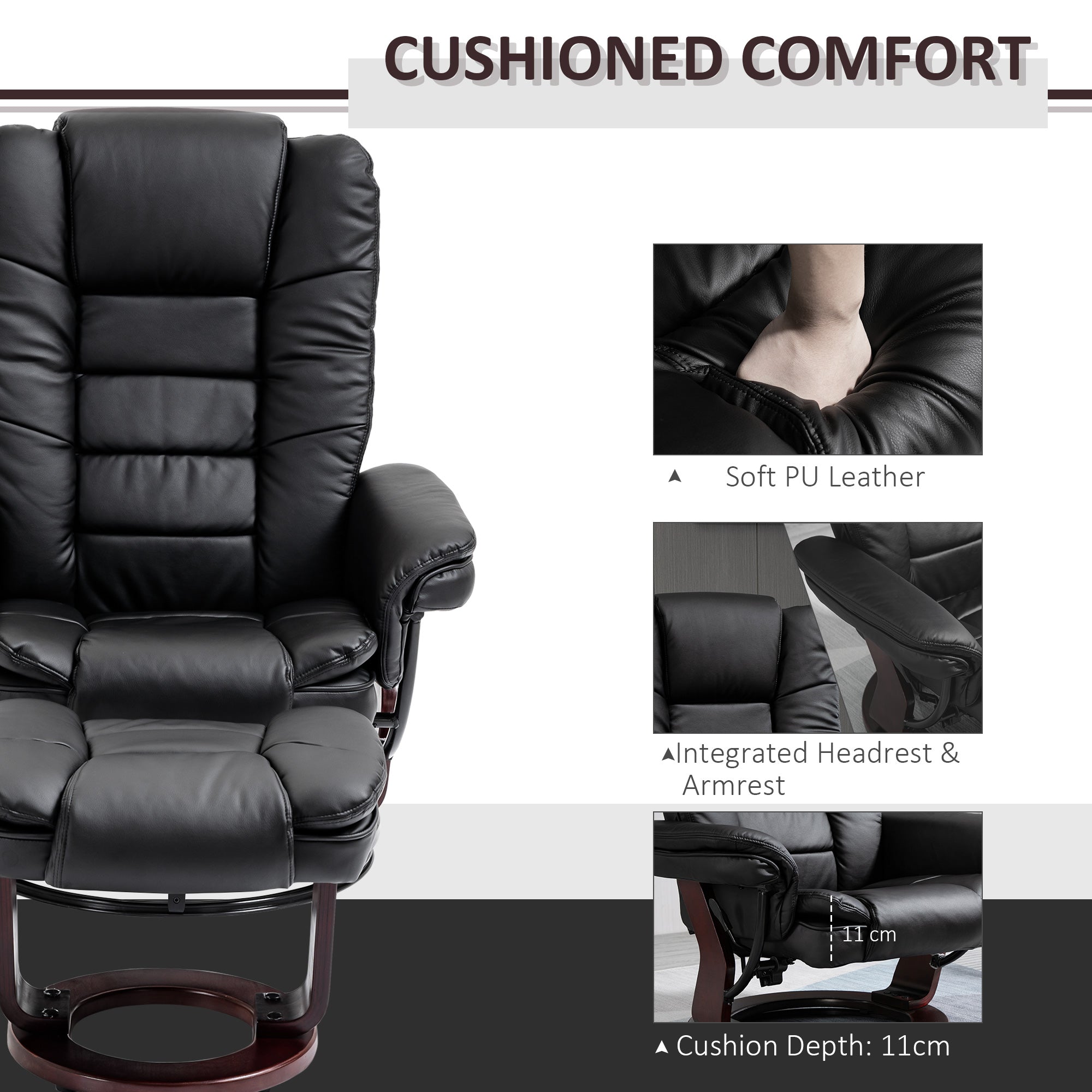 HOMCOM Recliner Chair With footstool, Recliner Armchair up to 130kg Weight Capacity, 135√Ç¬∞ Reclining Swivel Sofa Chair, PU Leather Ergonomic Couch Bed with Swivel Wood Base for Living Room, Black