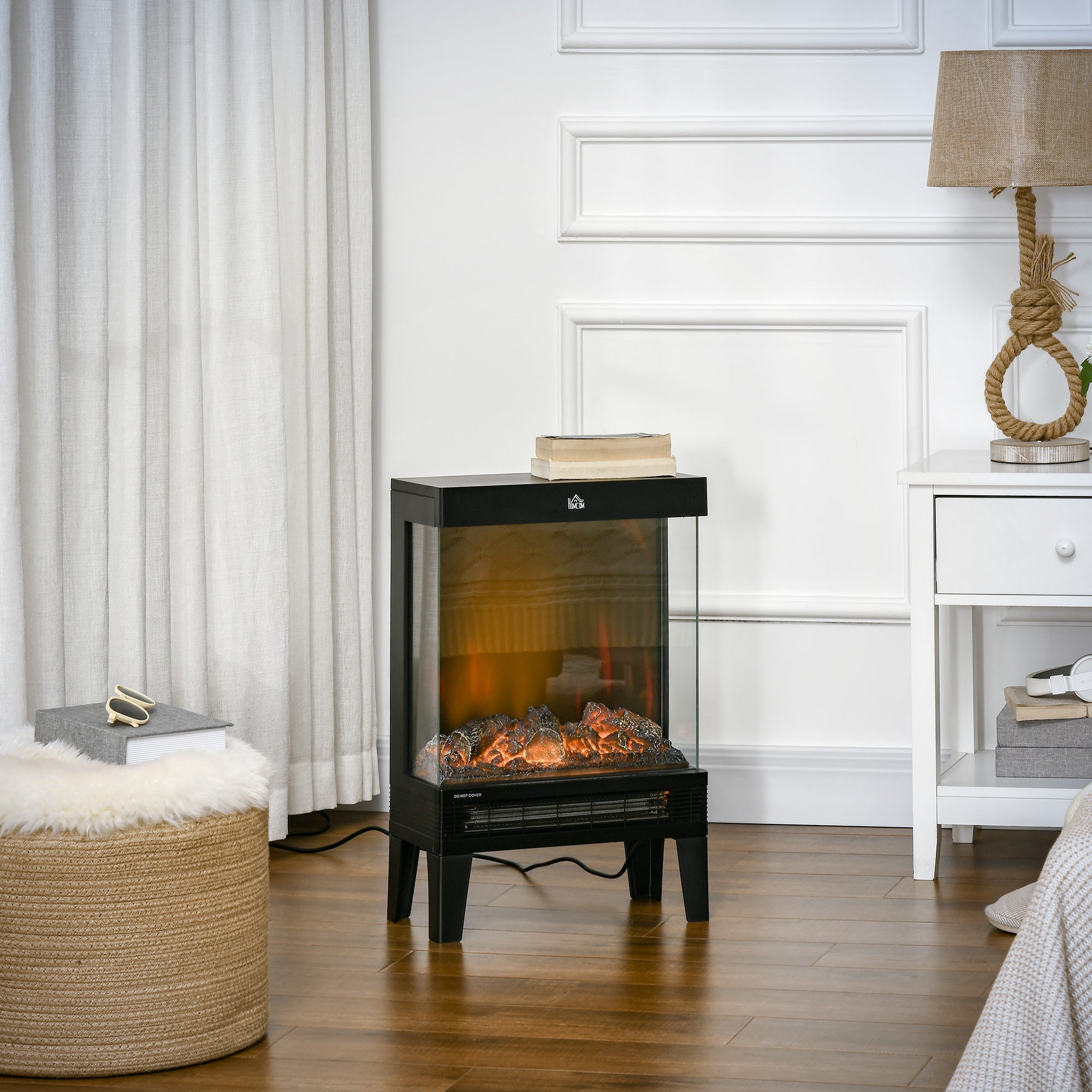 HOMCOM 180 Charming Electric Fireplace Heater, Quiet Freestanding Stove with LED Flame Effect, Level-less Temperature Control, Overheating Protection, 1000W/2000W, Black