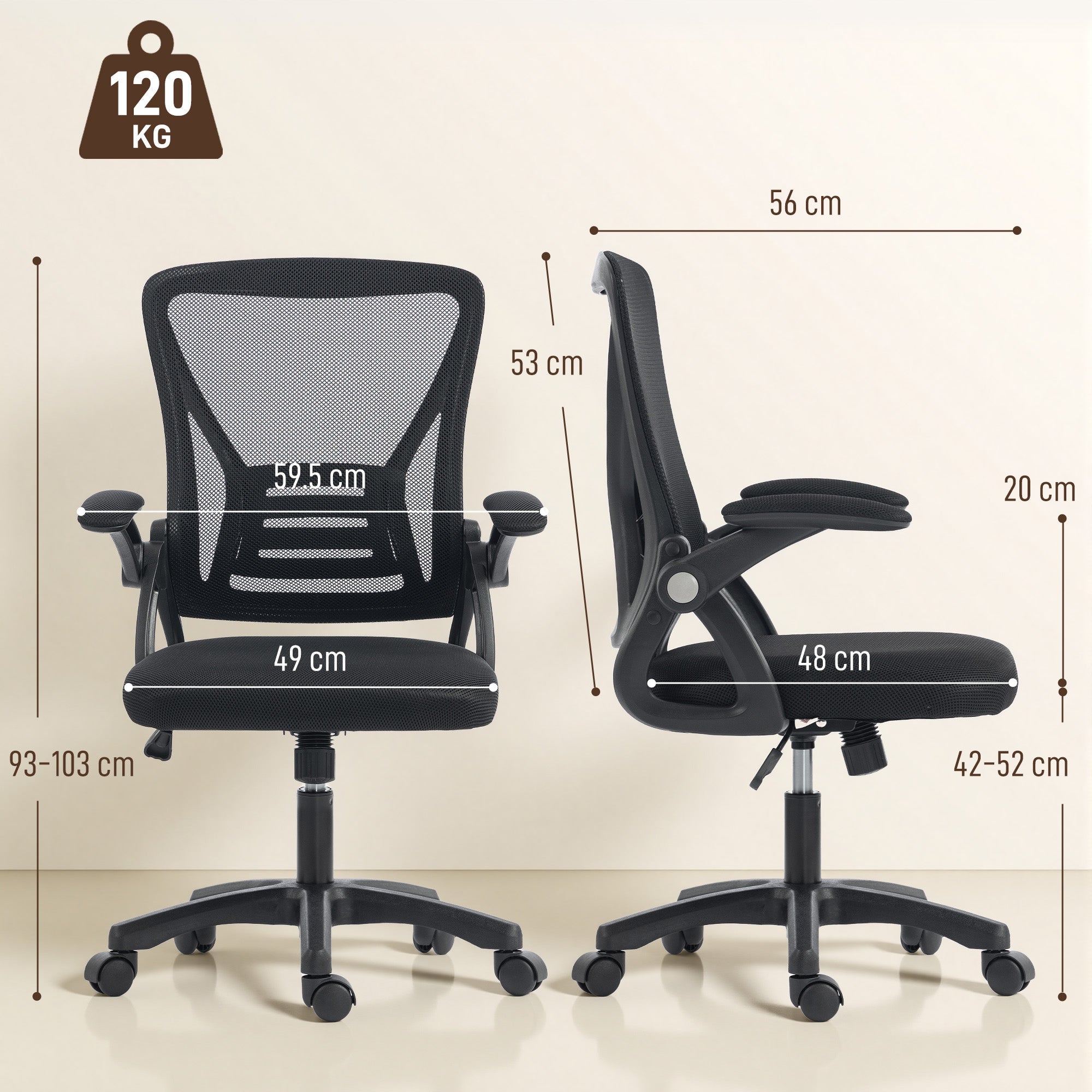 HOMCOM Office Chair, Mesh Desk Chair with Flip-up Armrests, Lumbar Support, Adjustable Height, Black