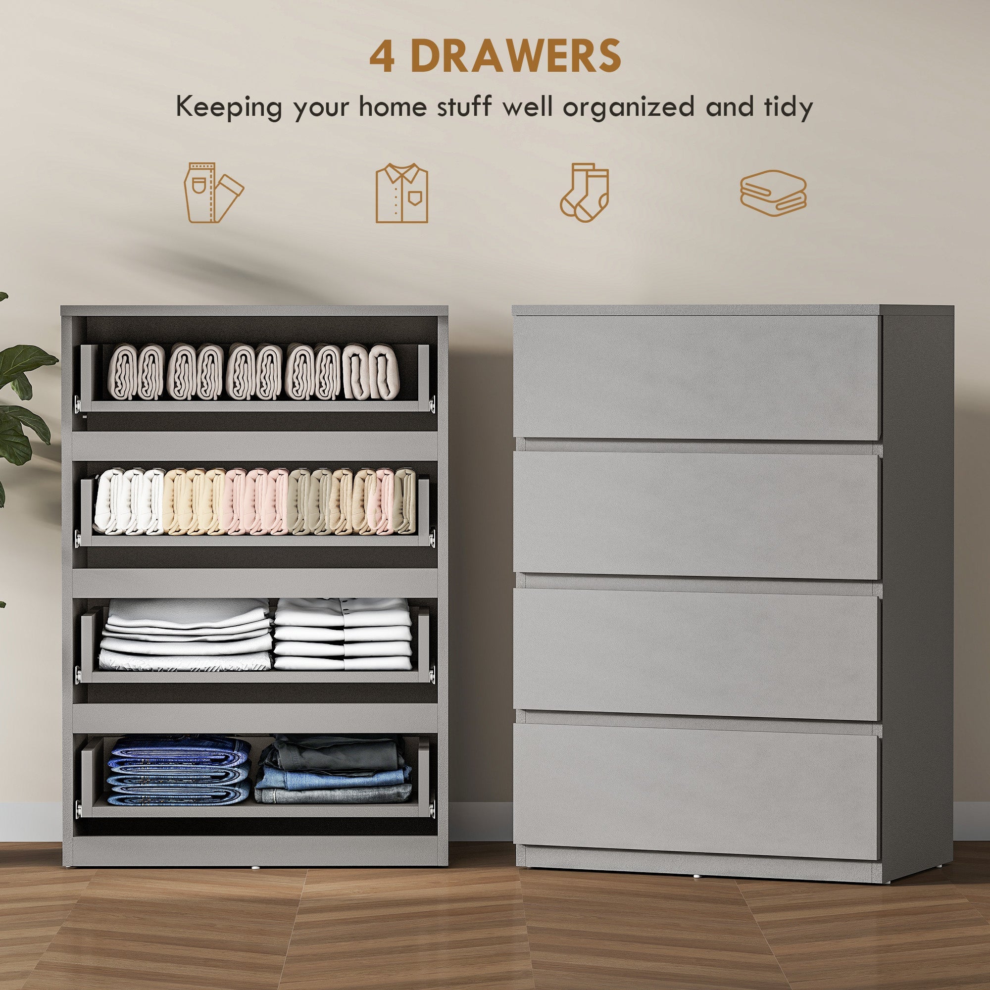 HOMCOM Chest of Drawers, 4-Drawer Storage Cabinets, Modern Dresser, Storage Drawer Unit for Bedroom
