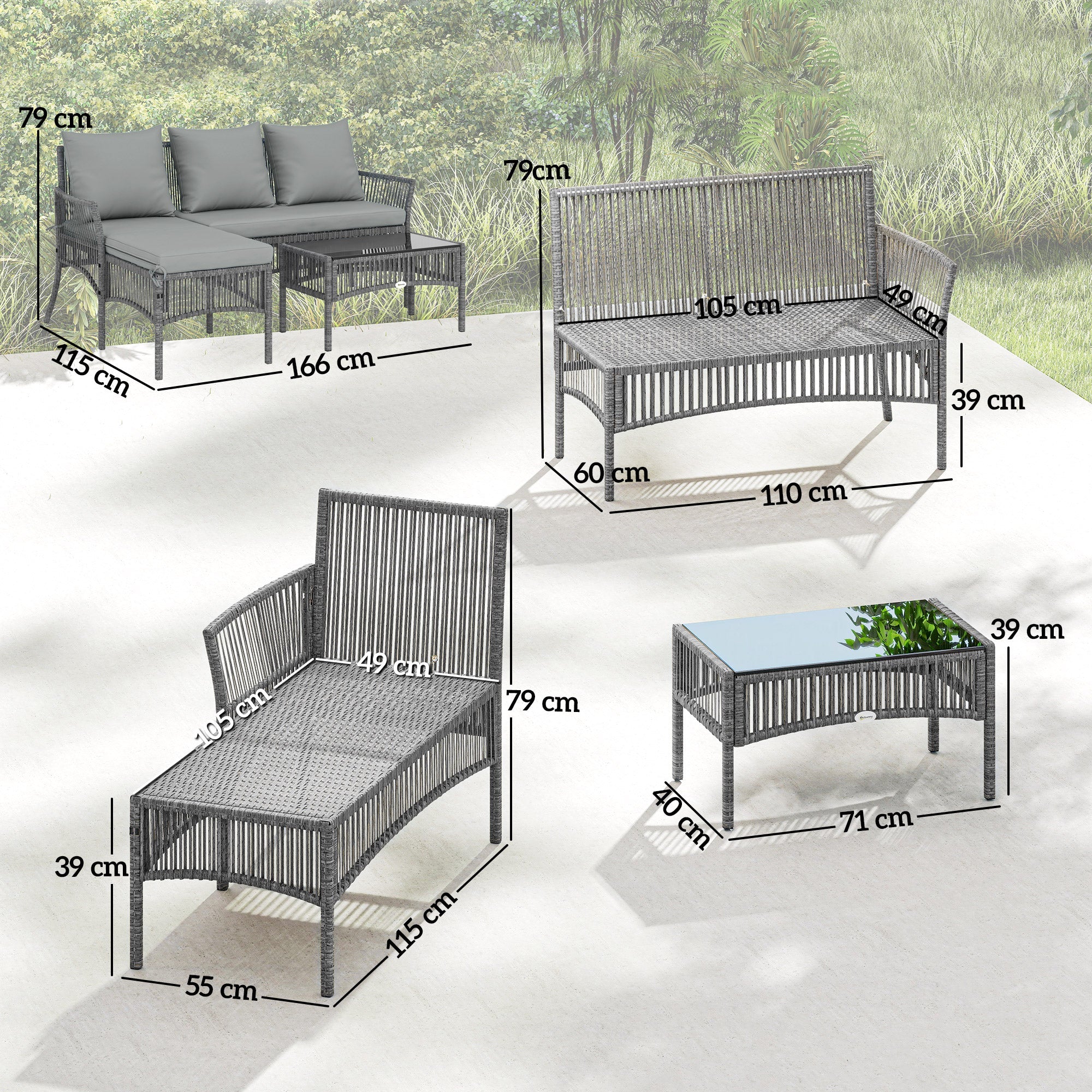 Outsunny 3 Piece Rattan Garden Furniture Corner Sofa Set with Chaise Lounge, Loveseat, Glass Coffee Table, Cushions, Dark Grey