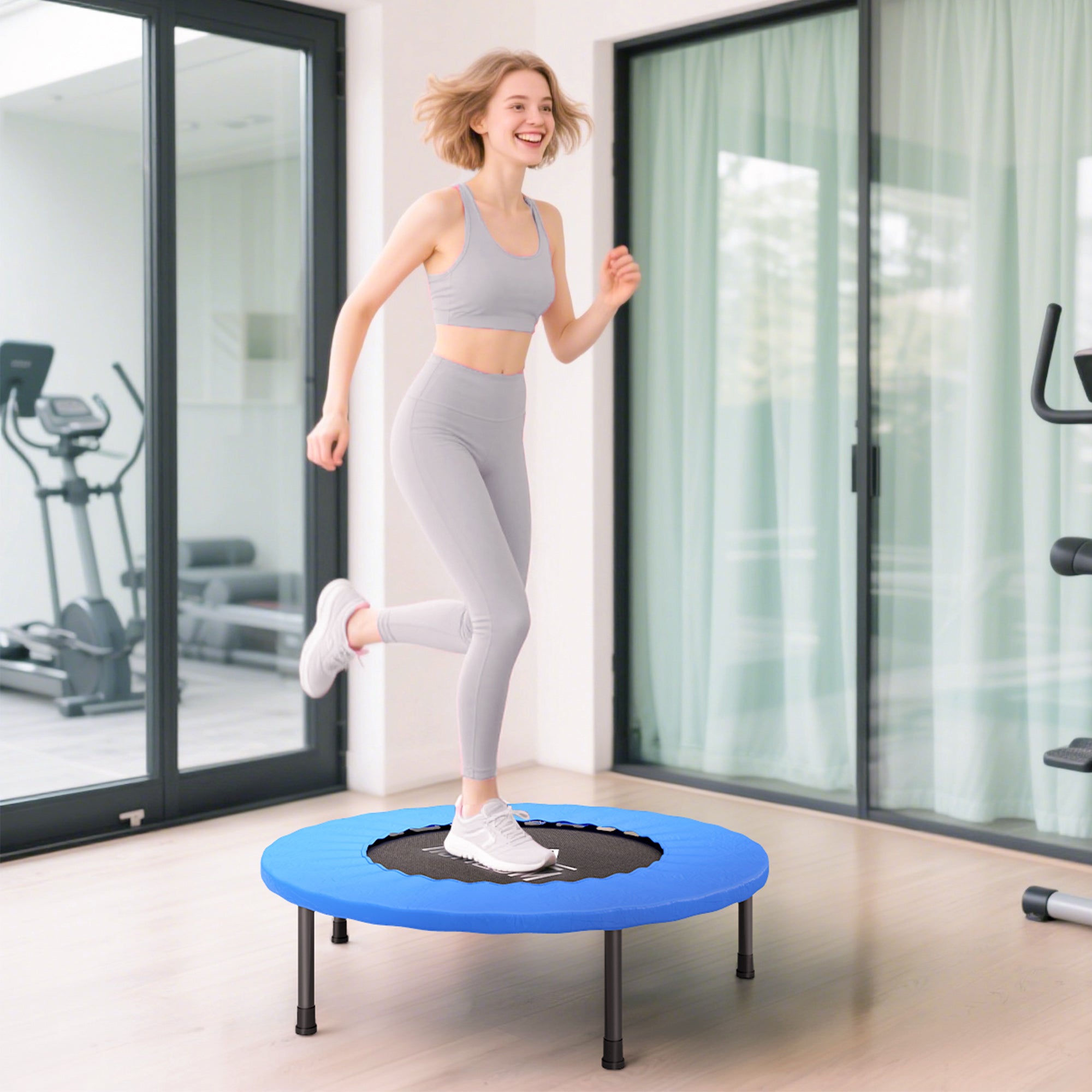 HOMCOM 32" Mini Fitness Trampoline Home Gym Yoga Exercise Rebounder Indoor Outdoor Jumper with Safety Pad, Support Up to 100 KG, Blue and Black
