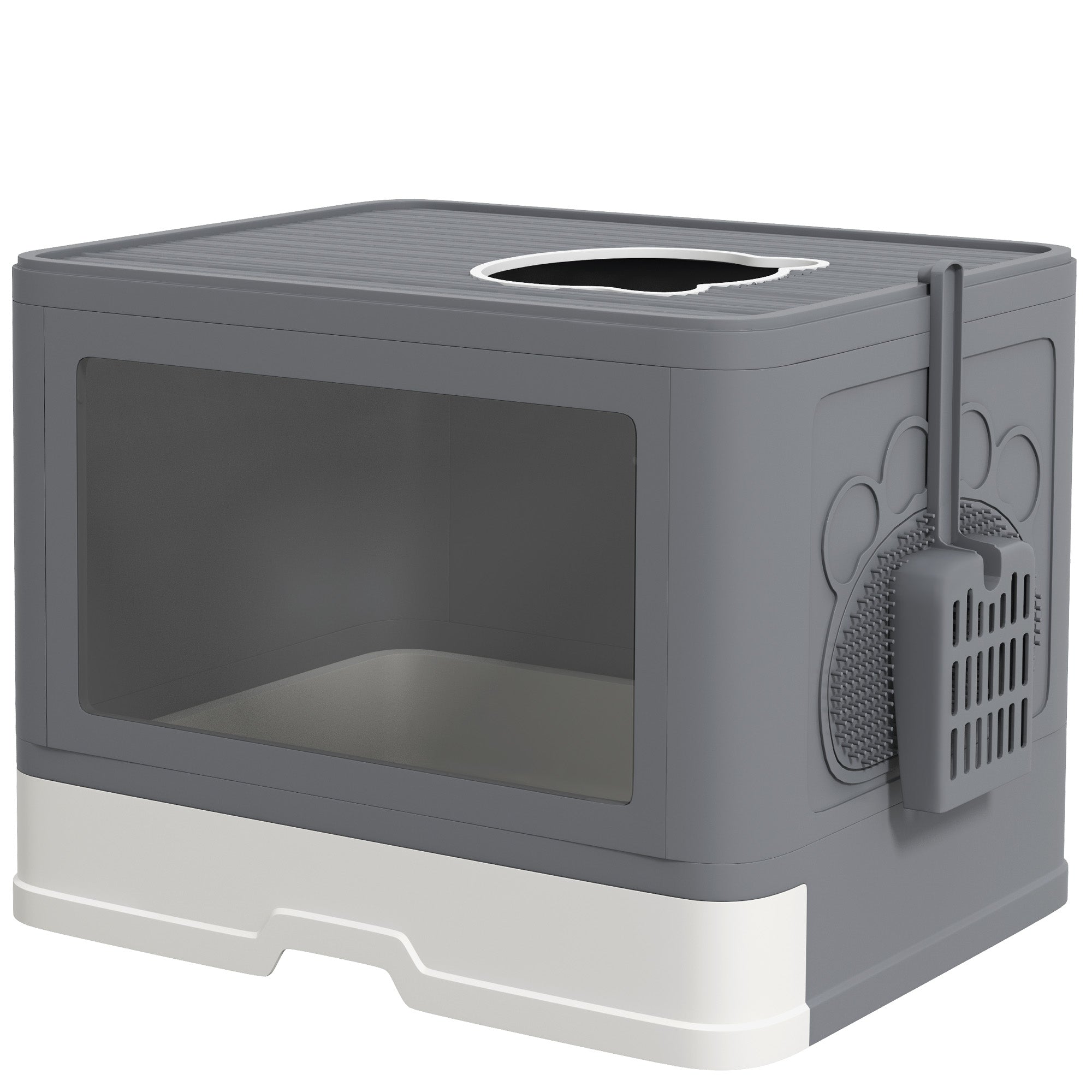 PawHut Enclosed Cat Litter Box with lid, Front Entry, Top Exit, Drawer, Tray, Scoop, Brush, 48.5 x 38 x 36.5cm - Grey