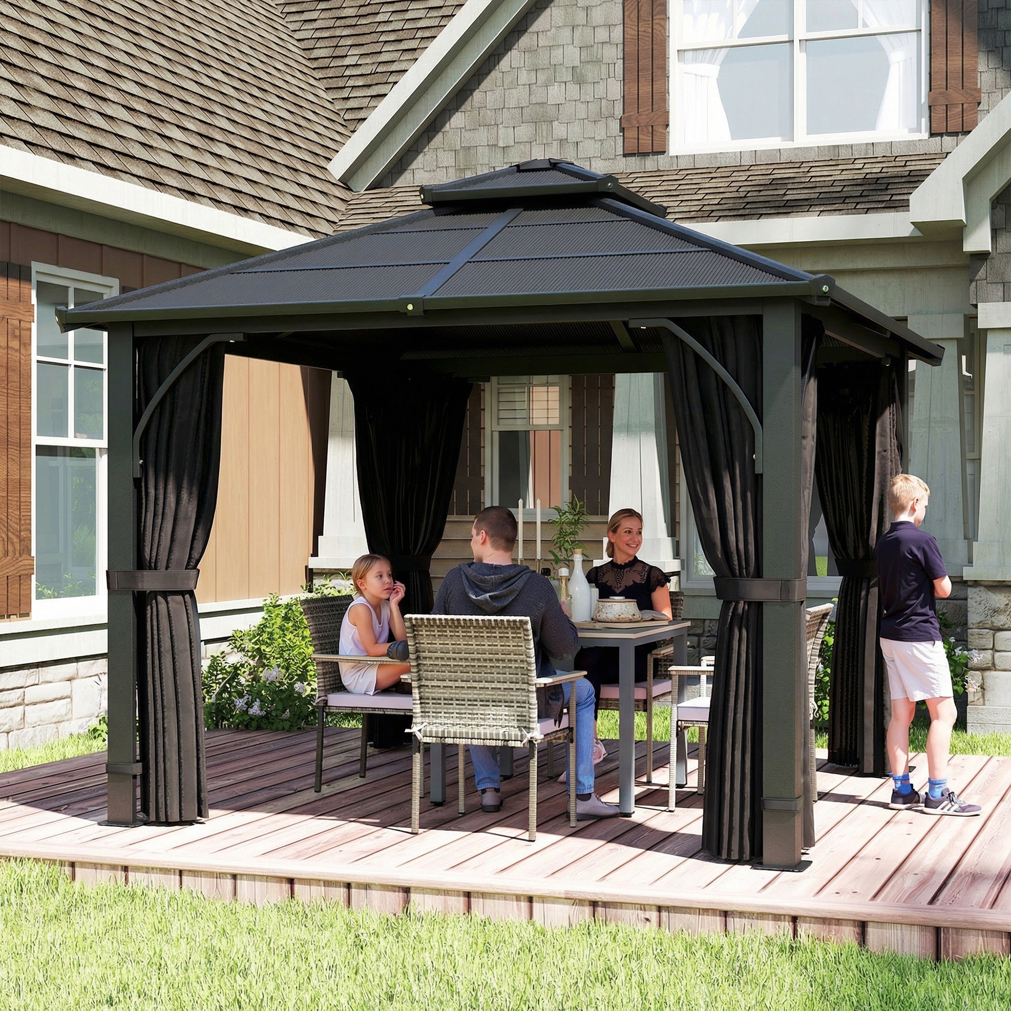 Outsunny 2.5 x 2.5 m Hardtop Gazebo Canopy with 7mm PC Roof, Garden Gazebo Permanent Pavilion with Netting, Curtains, Dark Grey