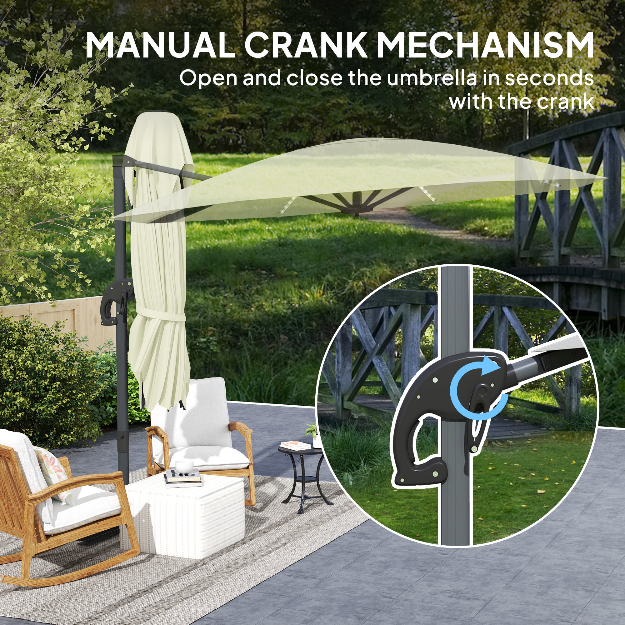 Outsunny 3(m) Cantilever Garden Parasol with Solar Powered Lights, Crank Handle & Cross Base, UPF 50+, 360√Ç¬∞ Rotation, Cream