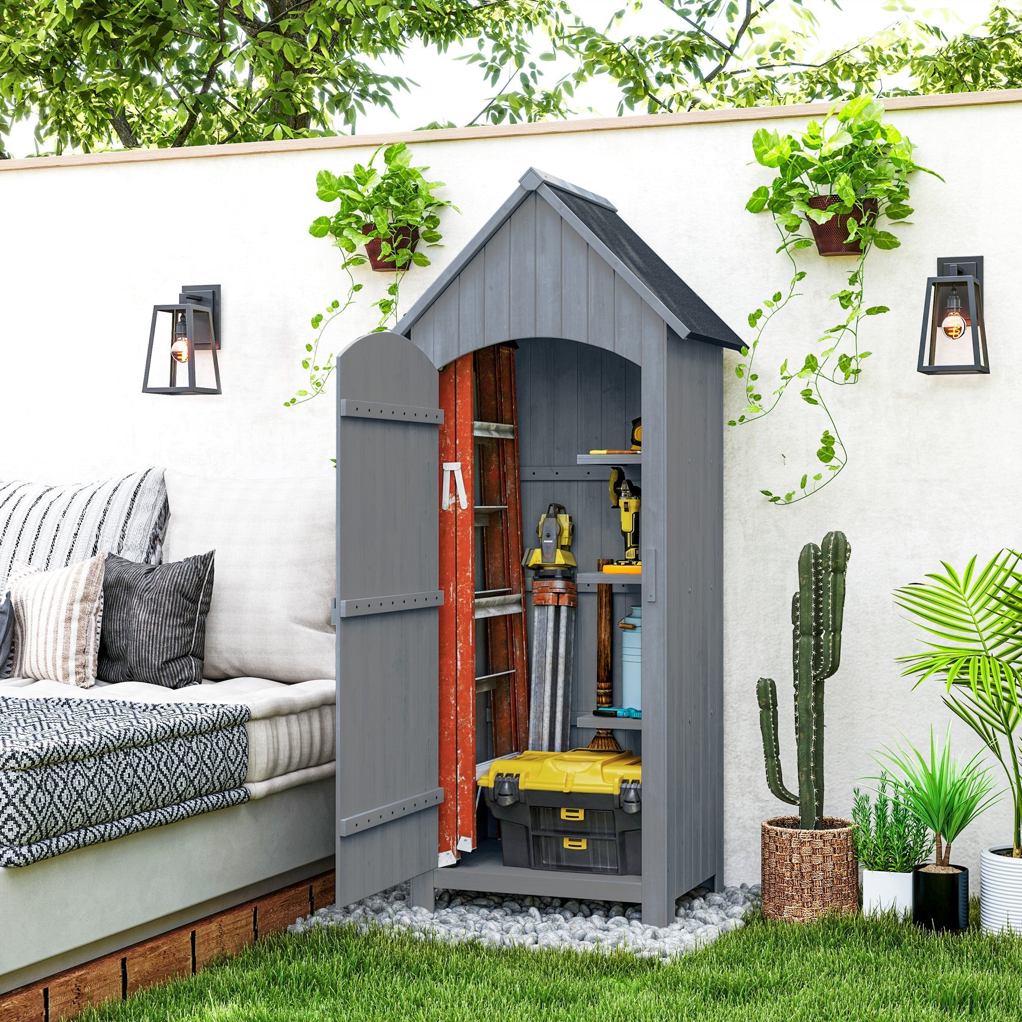 Outsunny Wooden Garden Storage Shed with 3 Shelves, Outdoor Tool Storage Cabinet with Tilt Roof and Lockable Door, 77.5 x 54.2 x 179.5 cm, Grey