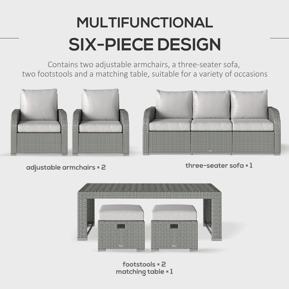 Outsunny Six-piece Outdoor Rattan Dining Set, Outdoor Sofa Set with Reclining Armchairs and Mental Frame, Grey
