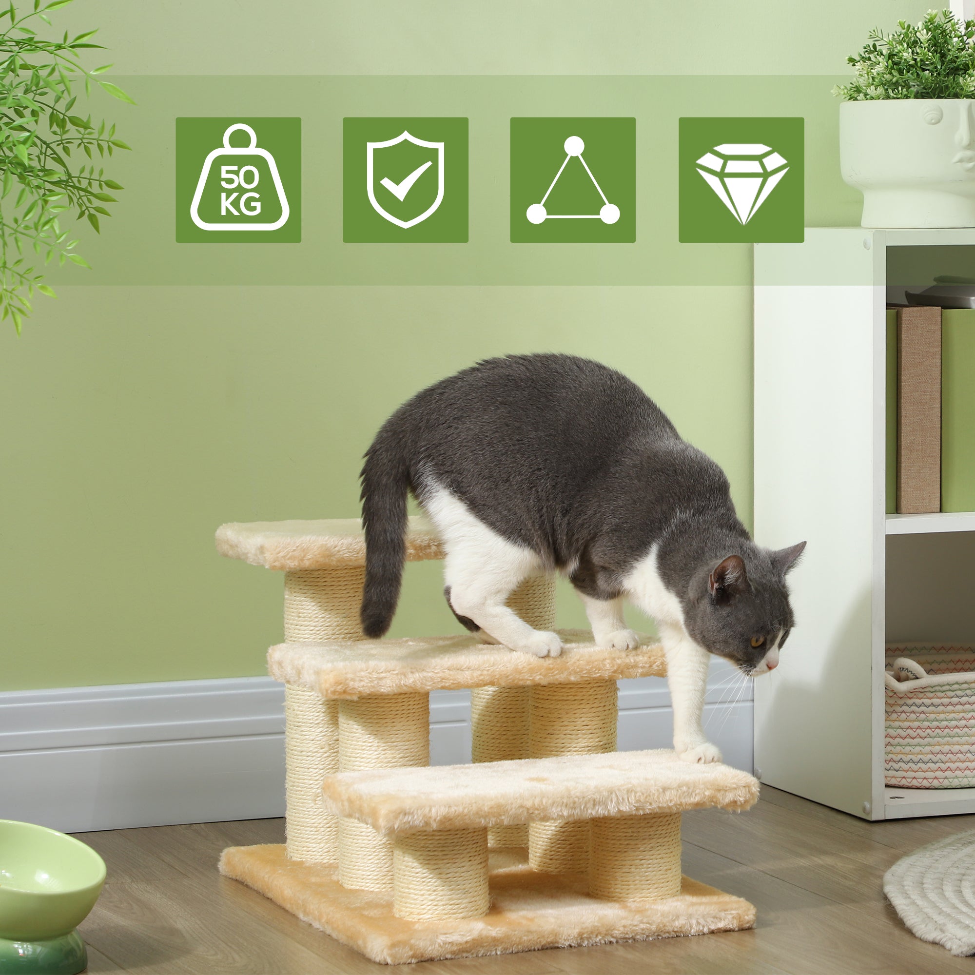 PawHut Pet Stairs 3-step Pet Ladder Cat dog Stairs Climb Ladder Cat Tree, Beige
