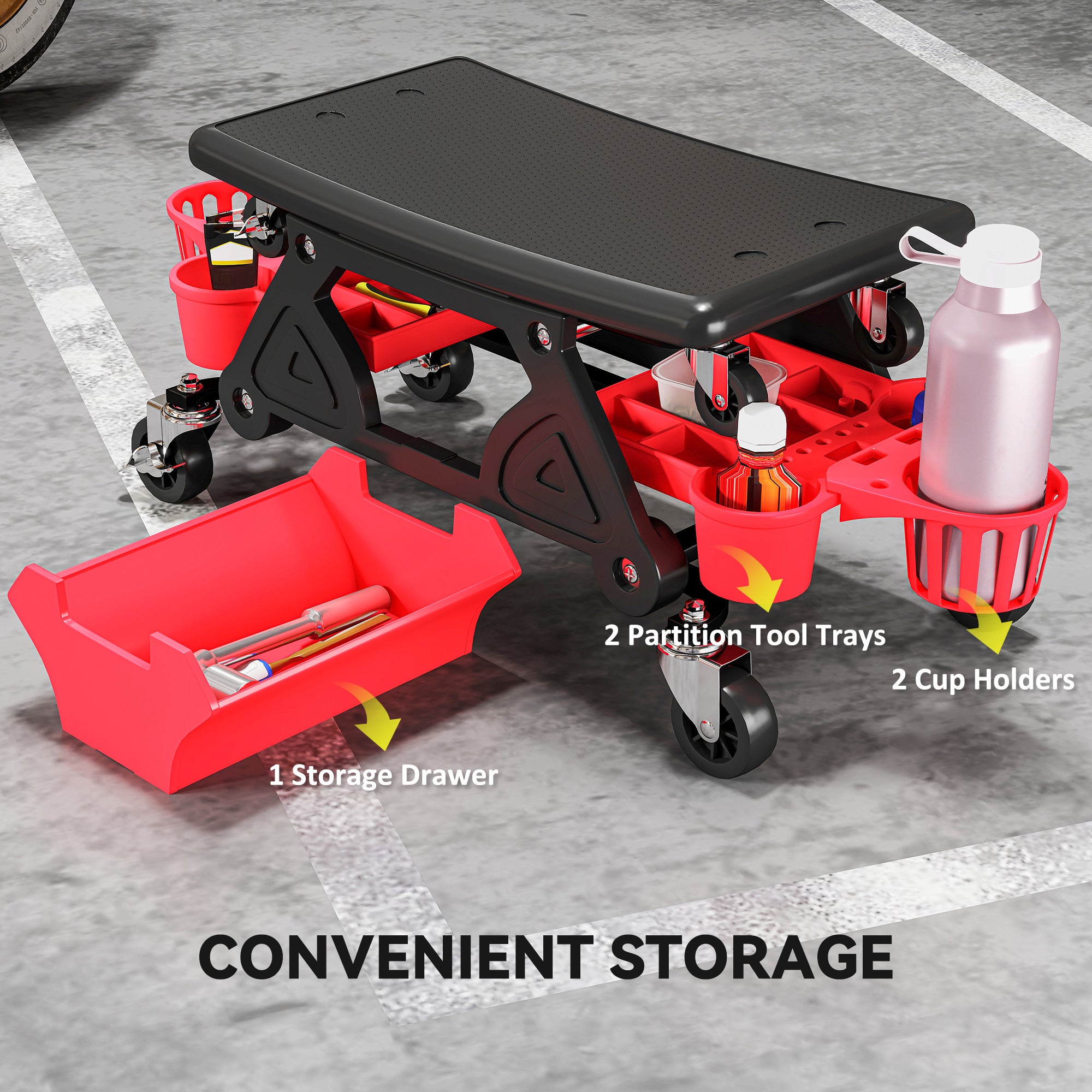 HOMCOM Rolling Mechanic Stool, 135kg Capacity Workshop Stool with 360√Ç¬∞ Swivel Wheels, Roller Creeper Seat with Slide Out Tool Trays, Drawer, Bottle Holders for Garage, Shop, Auto Repair, Red