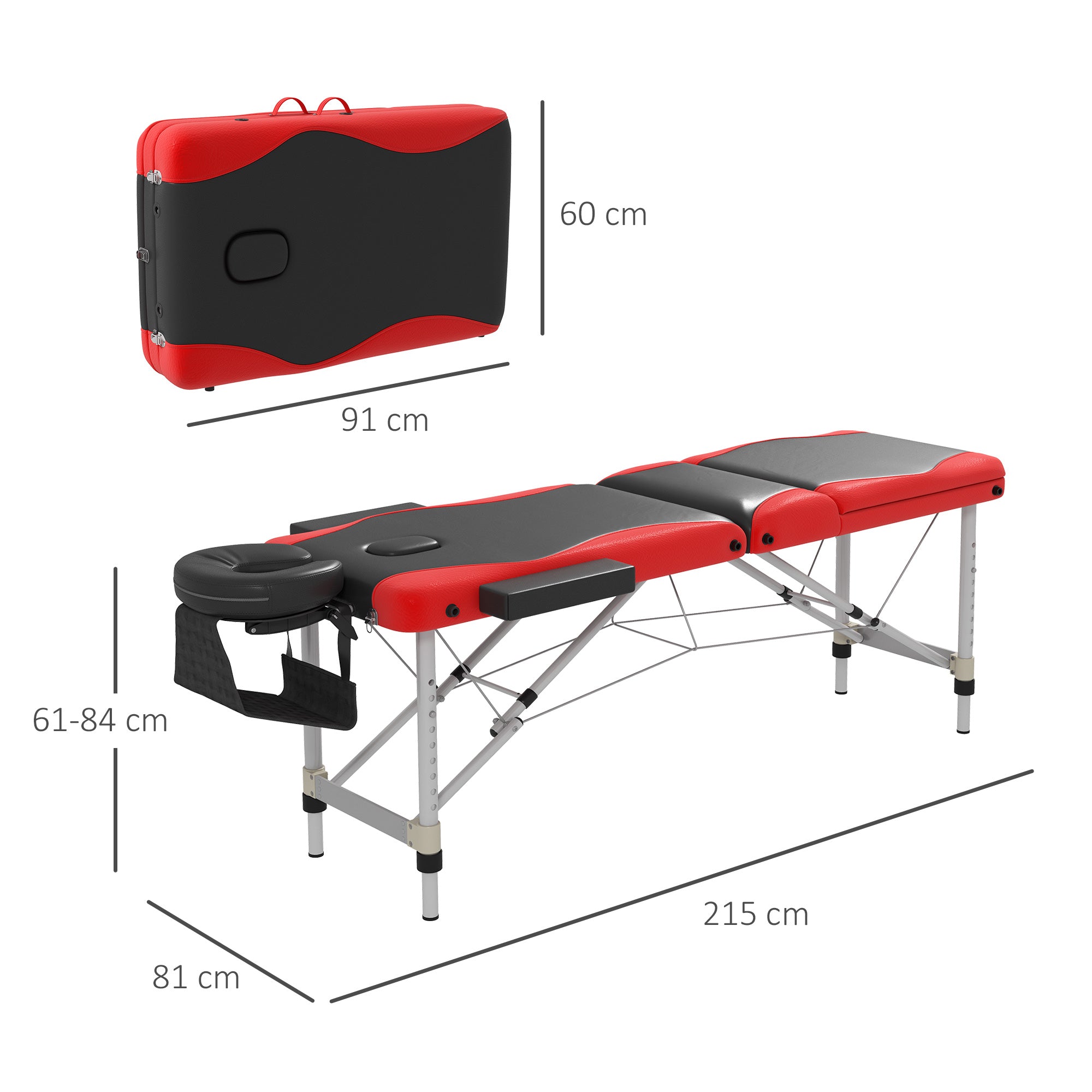 HOMCOM Foldable Massage Bed Portable Table, 3-Section Aluminium Foldable Beauty Couch, Professional Salon Spa Table with Headrest Support and Carry Bag, 60 cm Width, Black and Red