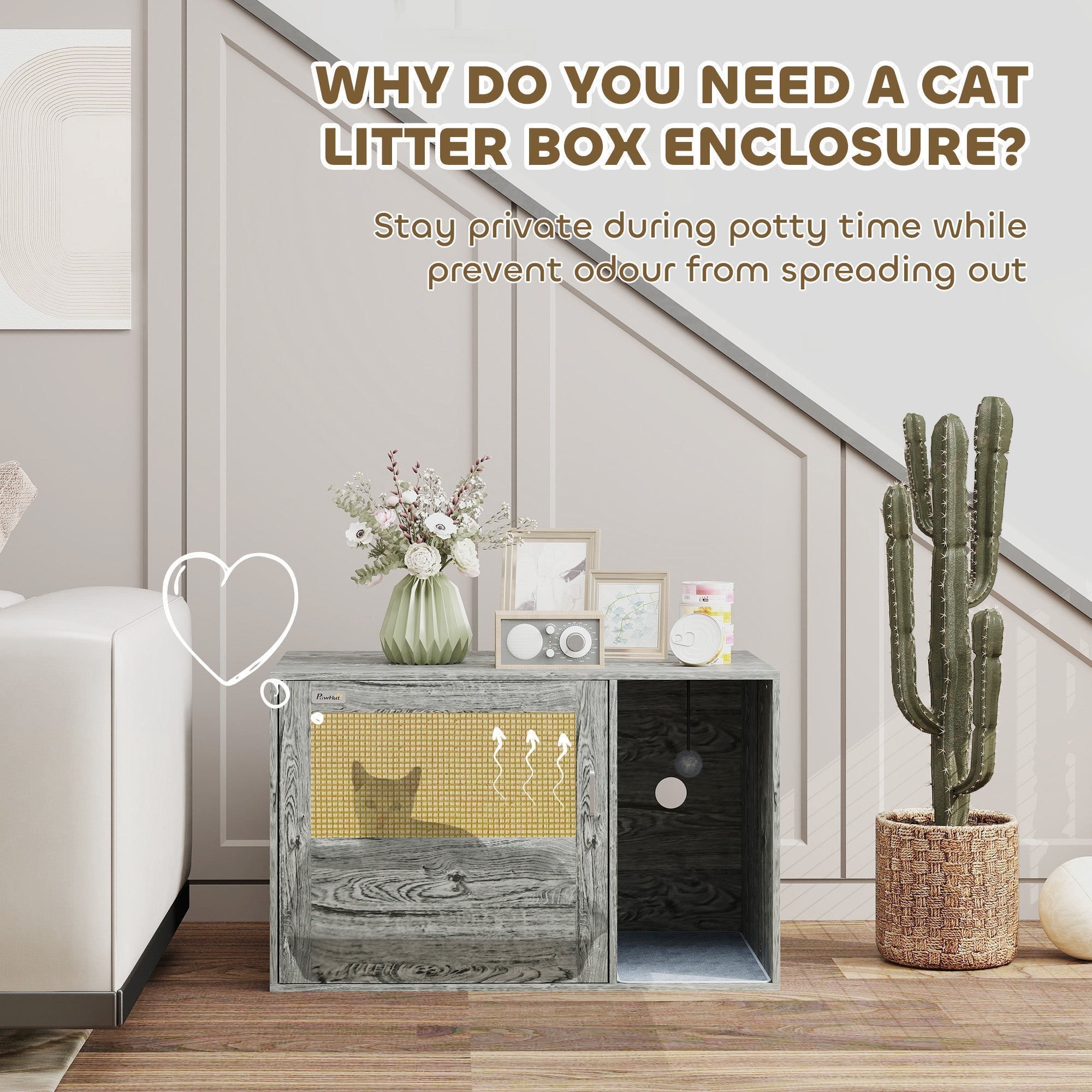 PawHut Cat Litter Box Enclosure with Rattan Door, Scratching Mat, Toy Ball, Non-Slip Foot Pads, Grey