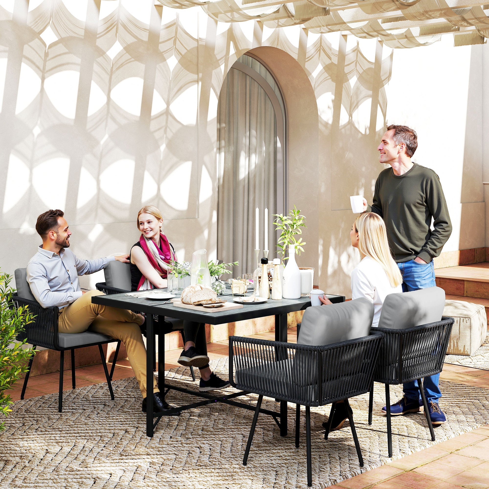 Outsunny 5 Piece Garden Furniture Set, Garden Dining Set with Wood-Plastic Table and 4 Stackable Chairs, Light Grey