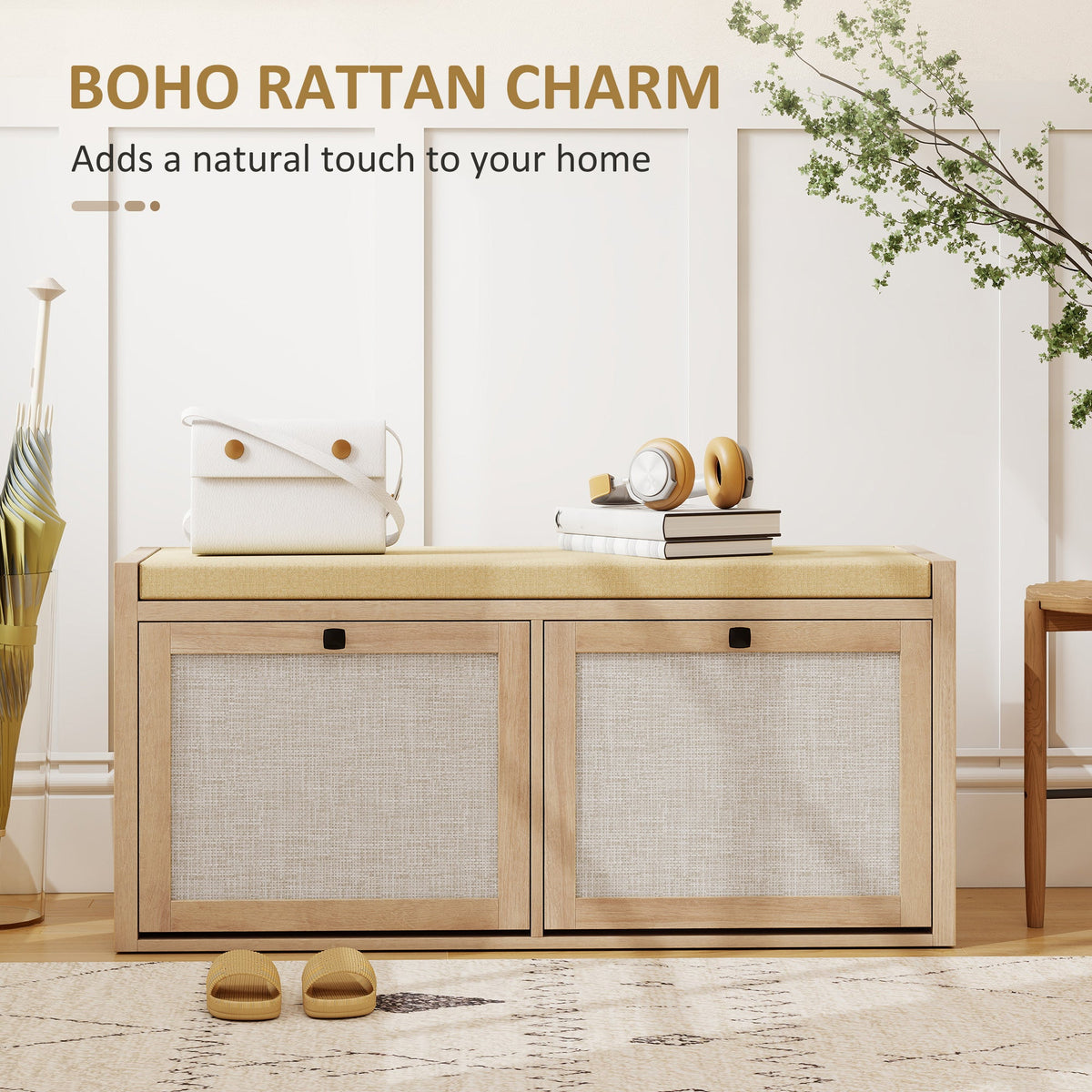 HOMCOM Rattan Shoe Bench with Padded Cushion and 2 Cabinets for Hidden Storage, Oak Wood Effect