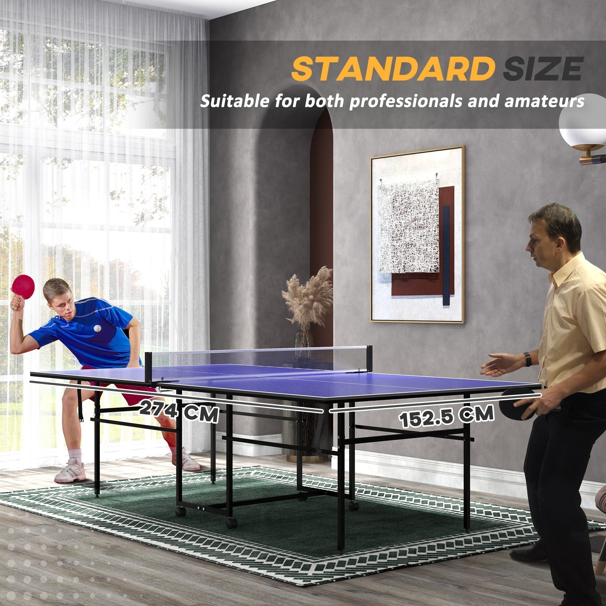 SPORTNOW 9FT Folding Table Tennis Table with Four Wheels, for Indoor Use, Blue