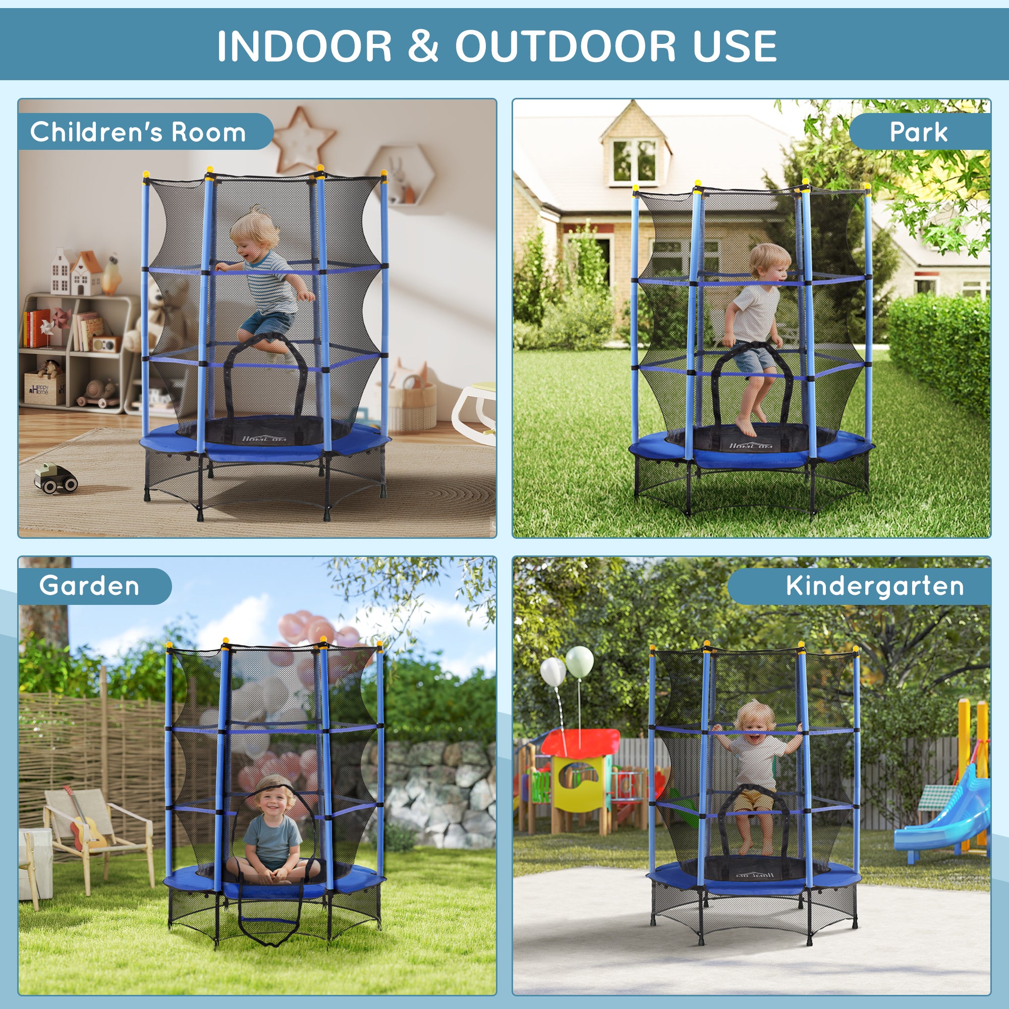 HOMCOM 4.6FT/55" Kids Trampoline with Safety Enclosure, Outdoor Indoor Use, for Ages 3-10 Years, Blue