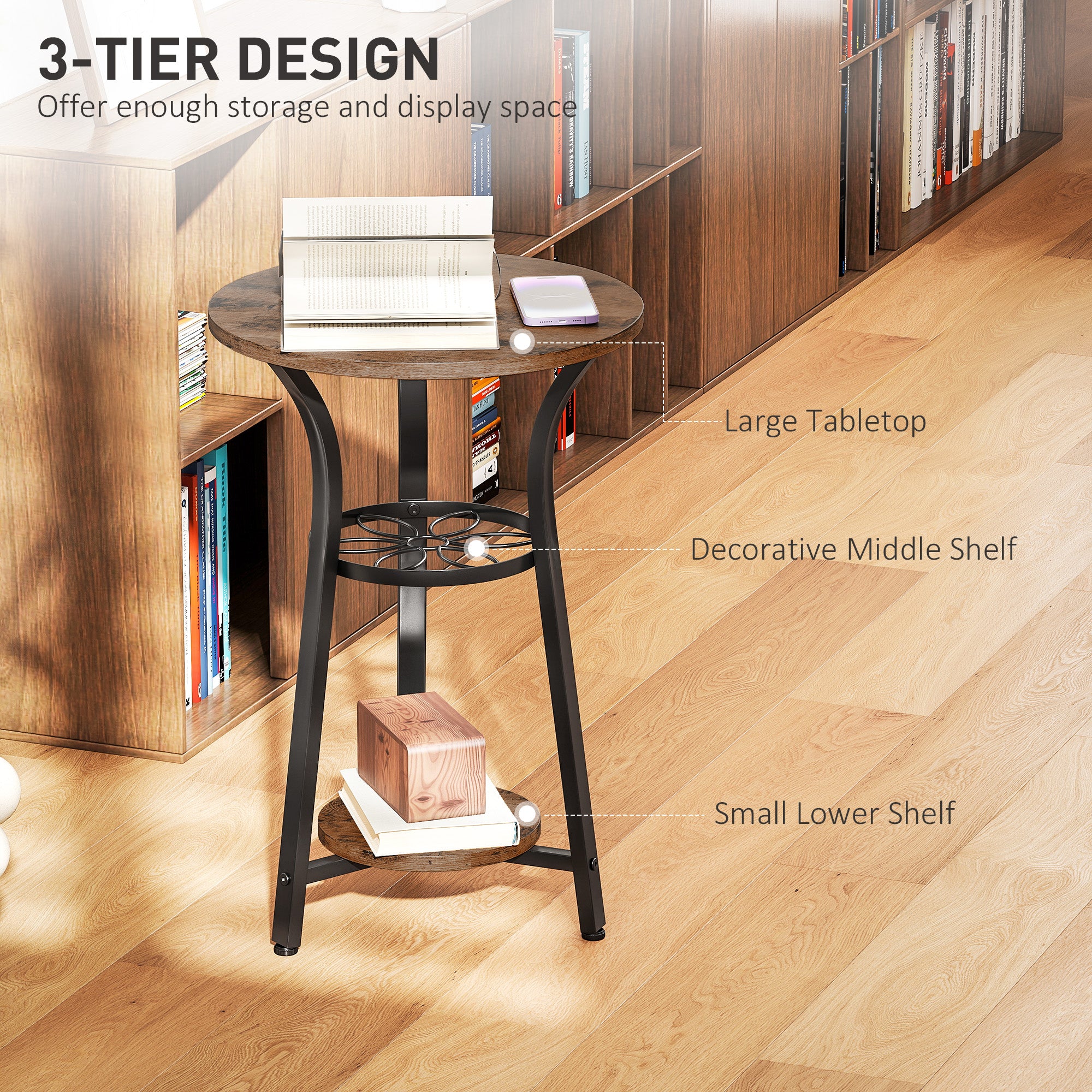 HOMCOM Small Round Side Table with 3 Storage Shelves - Rustic Brown