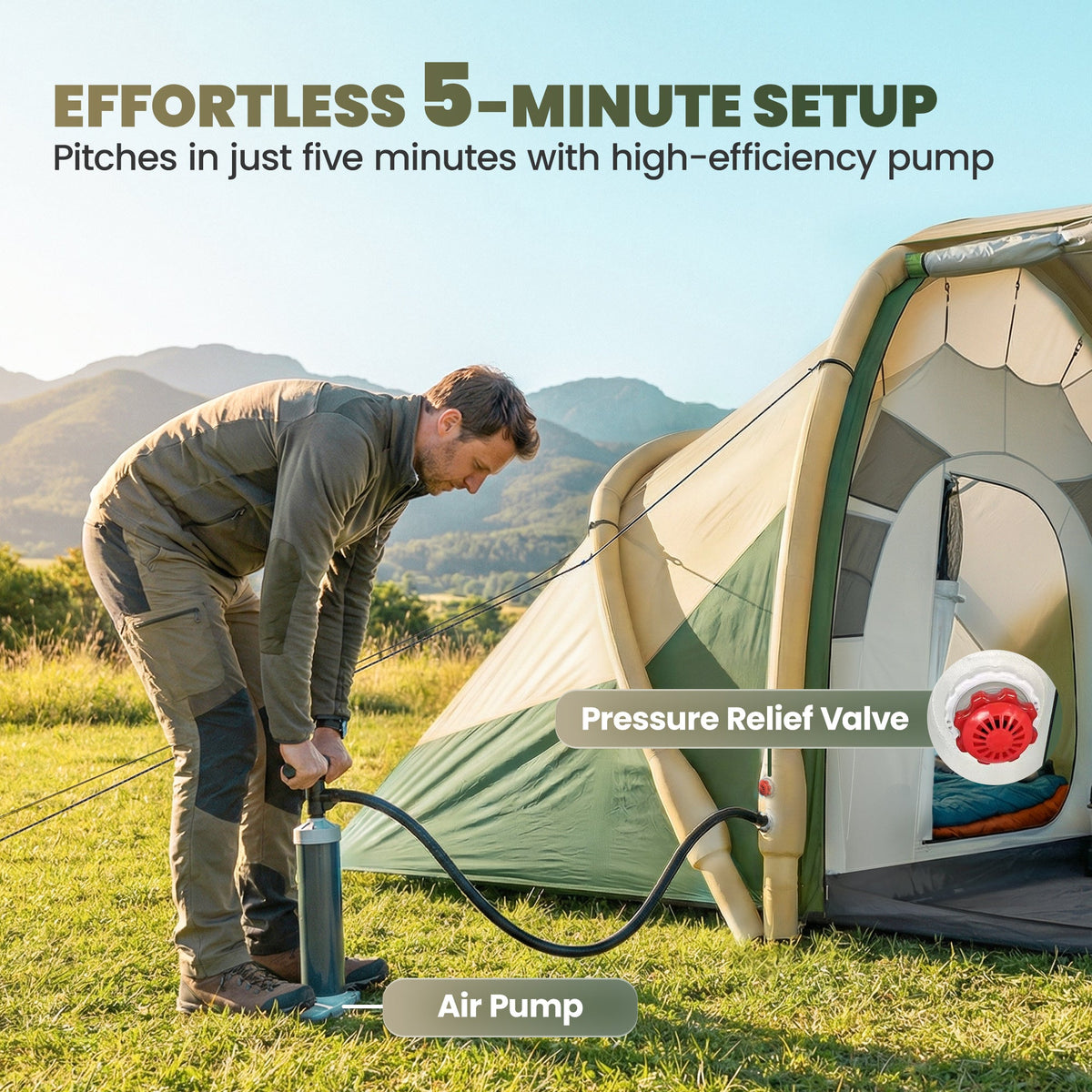 Outsunny Inflatable Tent 2 Bedroom 3000mm Waterproof Windproof Air Tent with Carry Bag for 4 Person