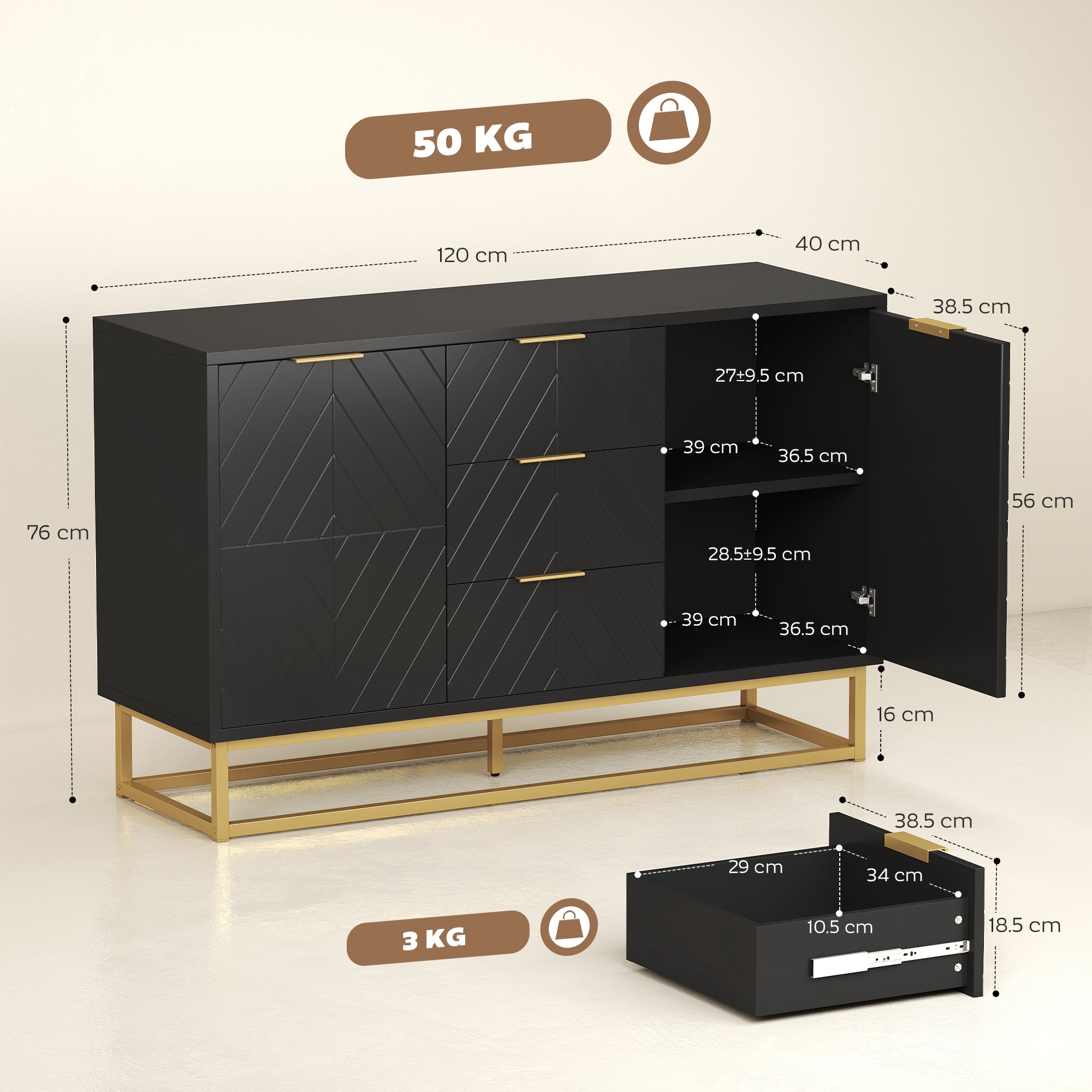 HOMCOM Sideboard with 3 Drawers and Adjustable Shelves for Living Room - Black