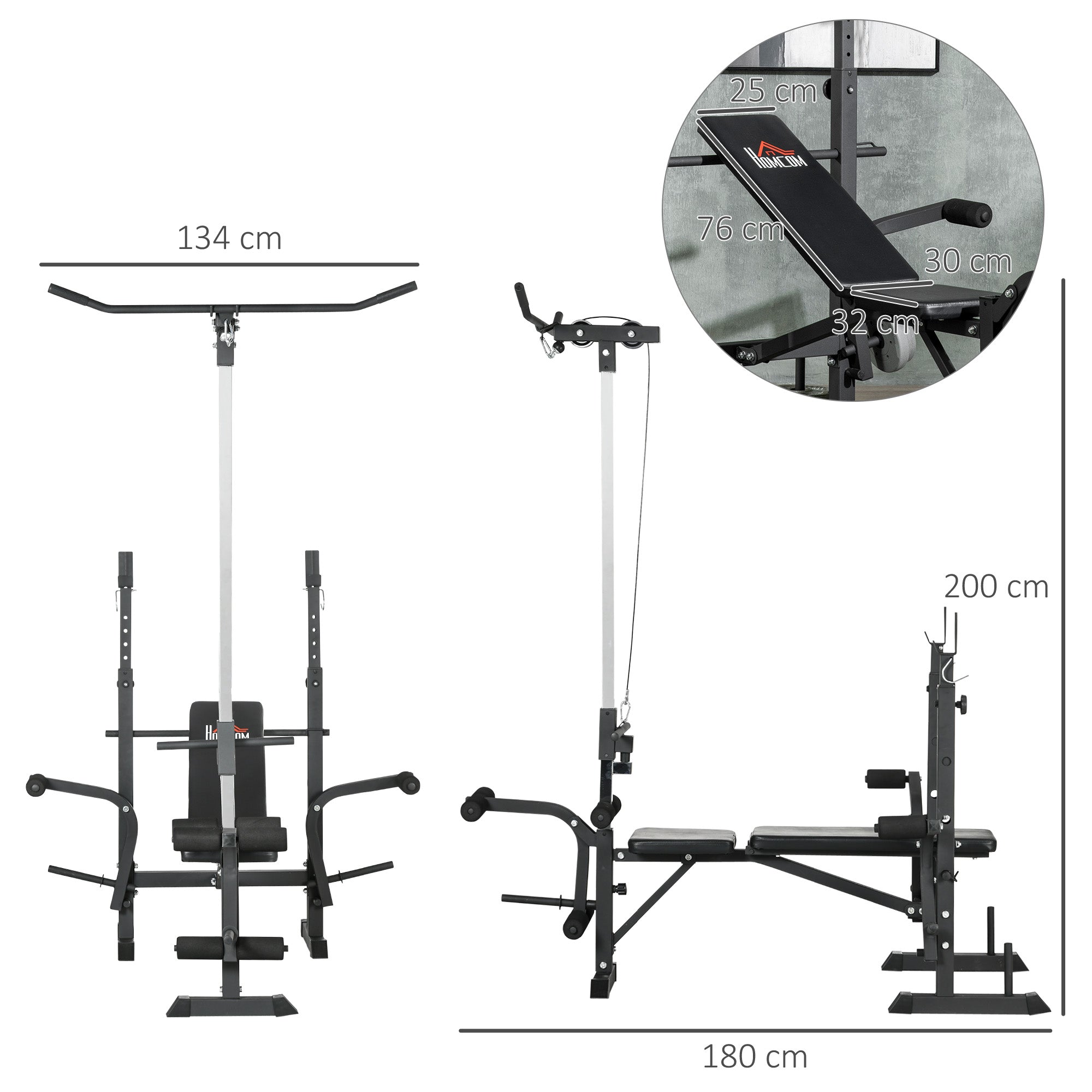 HOMCOM Adjustable Weight Bench with Pulley System, Incline Bench Press Set with Squat Rack, Leg Developer, Butterfly and Weight Storage, for Home Gym Full Body Workout