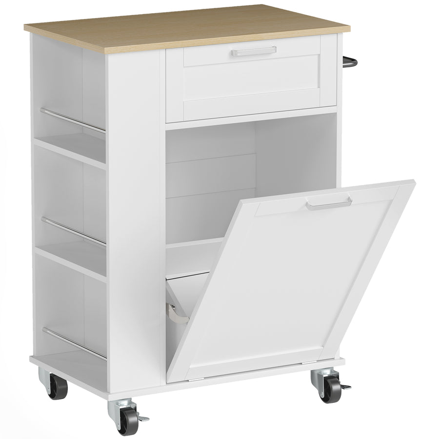 HOMCOM Kitchen Storage Trolley on Wheels, Rolling Kitchen Island with 2 Drawers, Tilt-Out Rubbish Cabinet and Storage, White