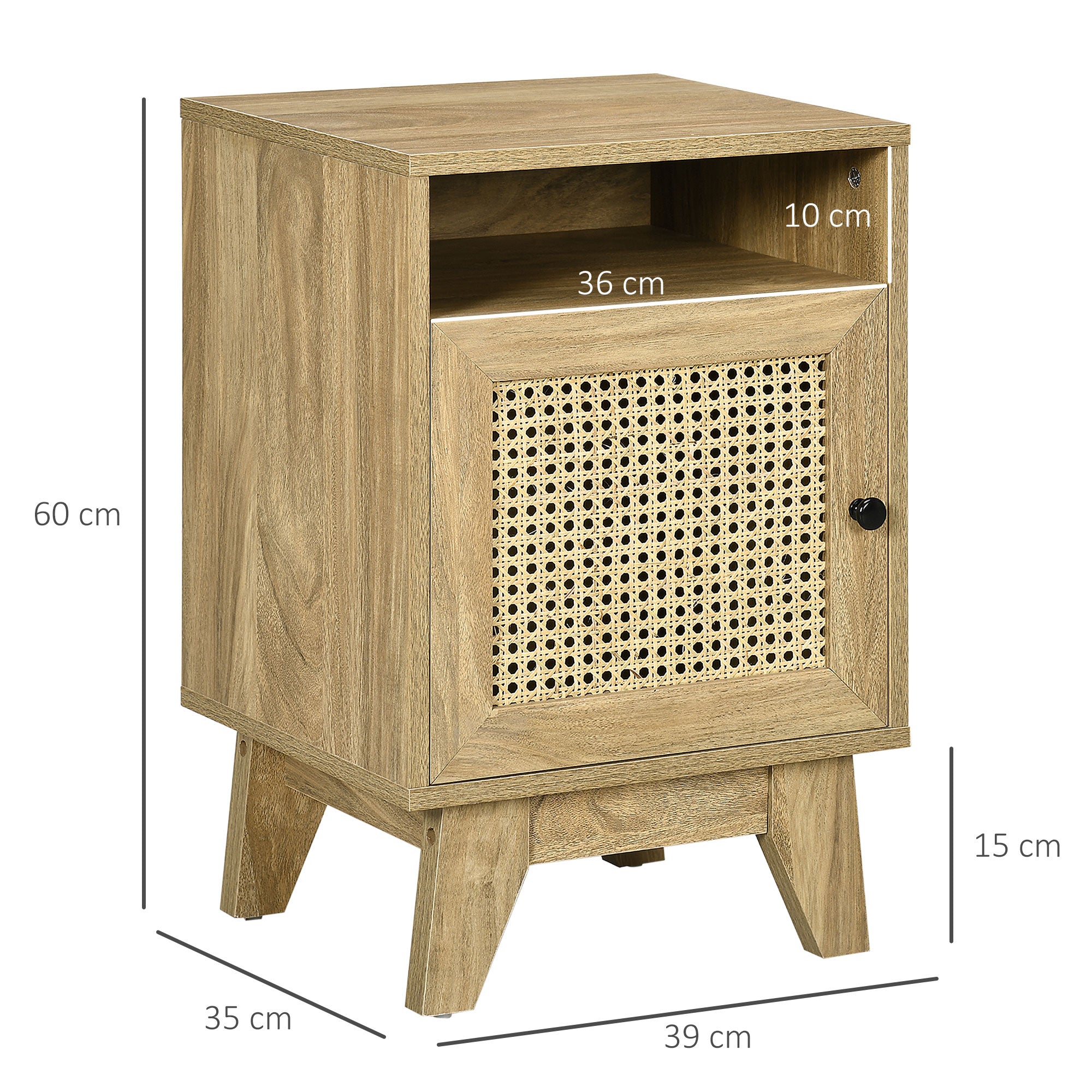 HOMCOM Narrow Rattan Nightstand, Side End Table with Shelf and Cupboard, 39cm x 35cm x 60cm, Natural