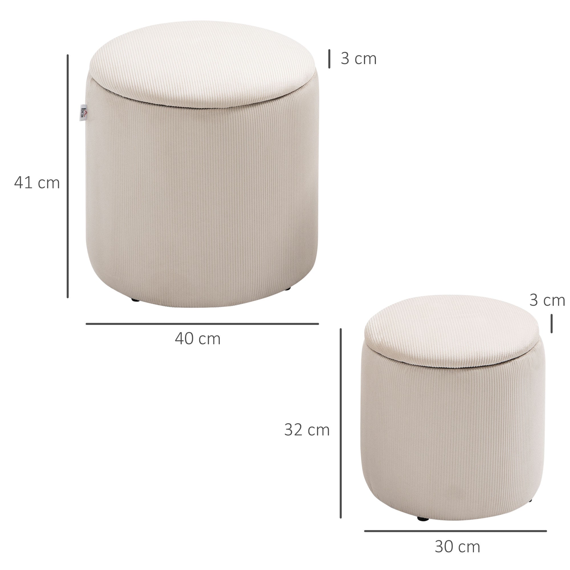 HOMCOM Set of 2 Round Ottoman with Storage, Fabric Vanity Stool for Makeup, Footrest Stool with Removable Lid for Living Room & Bedroom, Cream White