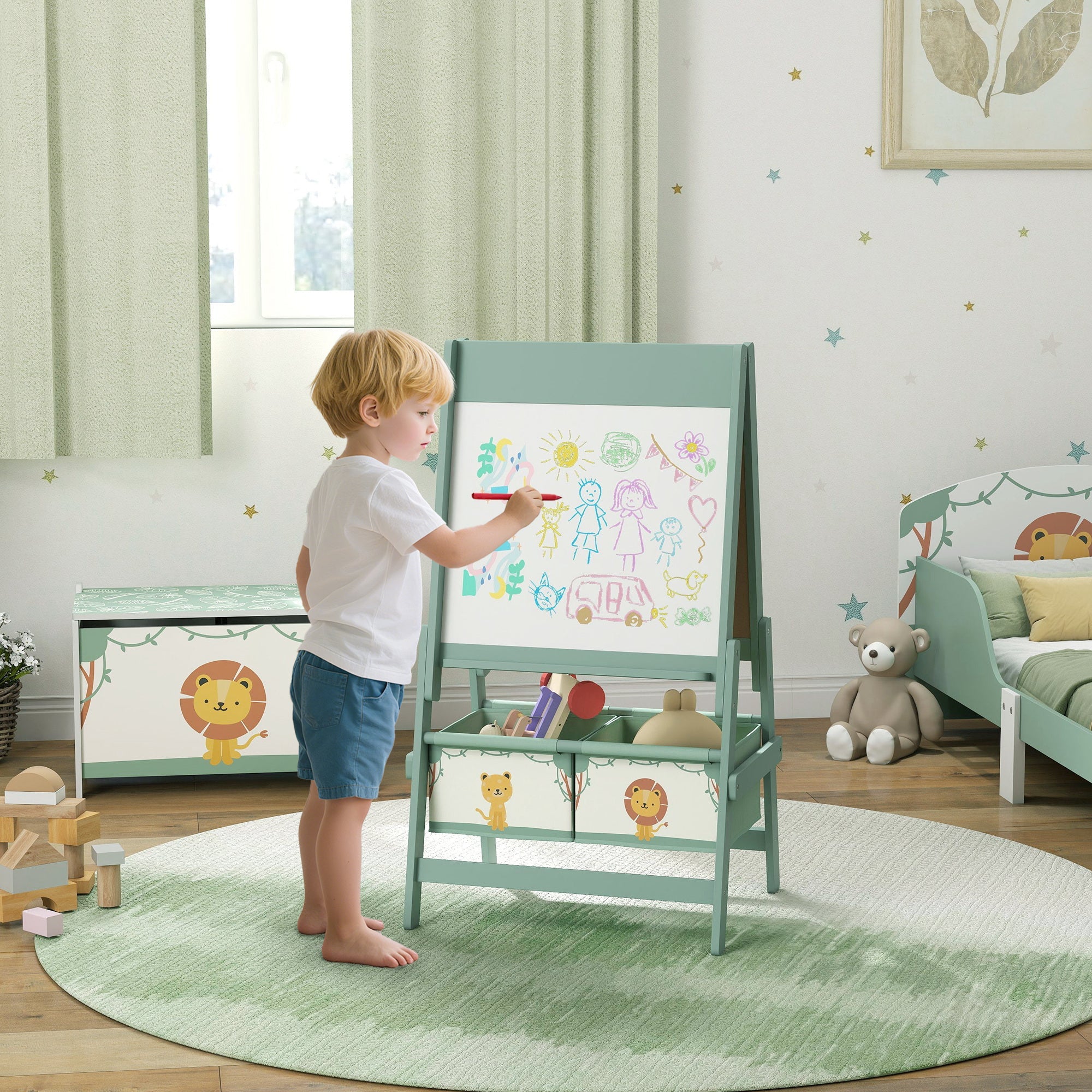 AIYAPLAY Art Easel for Kids, Double-Sided Whiteboard/Blackboard with Paper Roll, Two Storage Boxes, for Ages 3-8 Years, Green