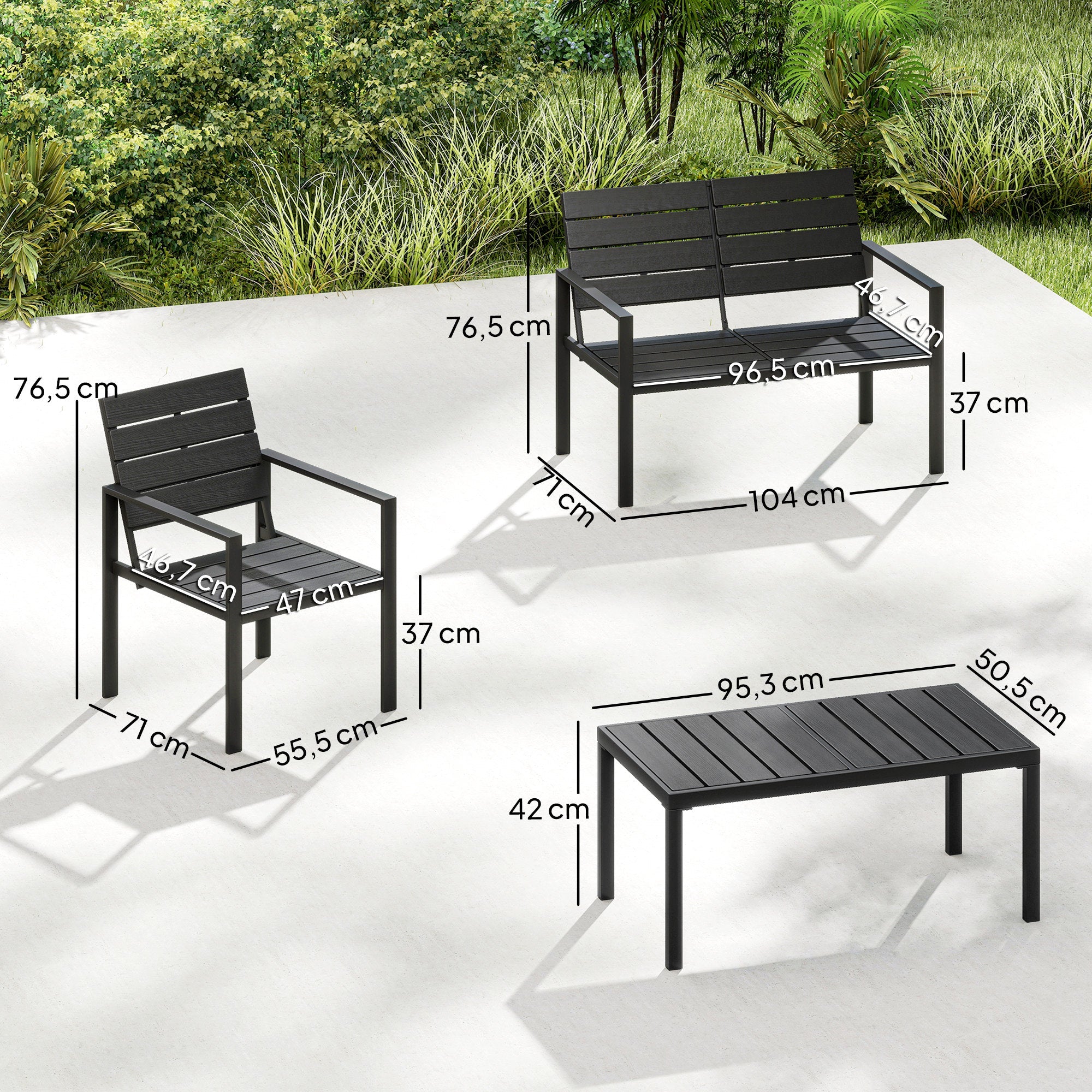 Outsunny 4 Piece Garden Furniture Set, Outdoor Sofa Set with HDPE Slatted Loveseat Armchairs Coffee Table Metal Frame, Black