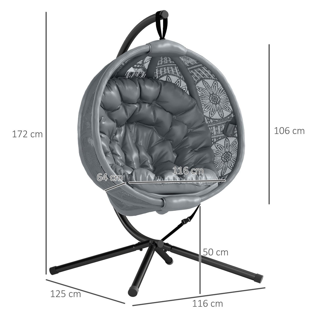 Outsunny Round Egg Basket Chair, with Steel Stand, Charcoal Grey
