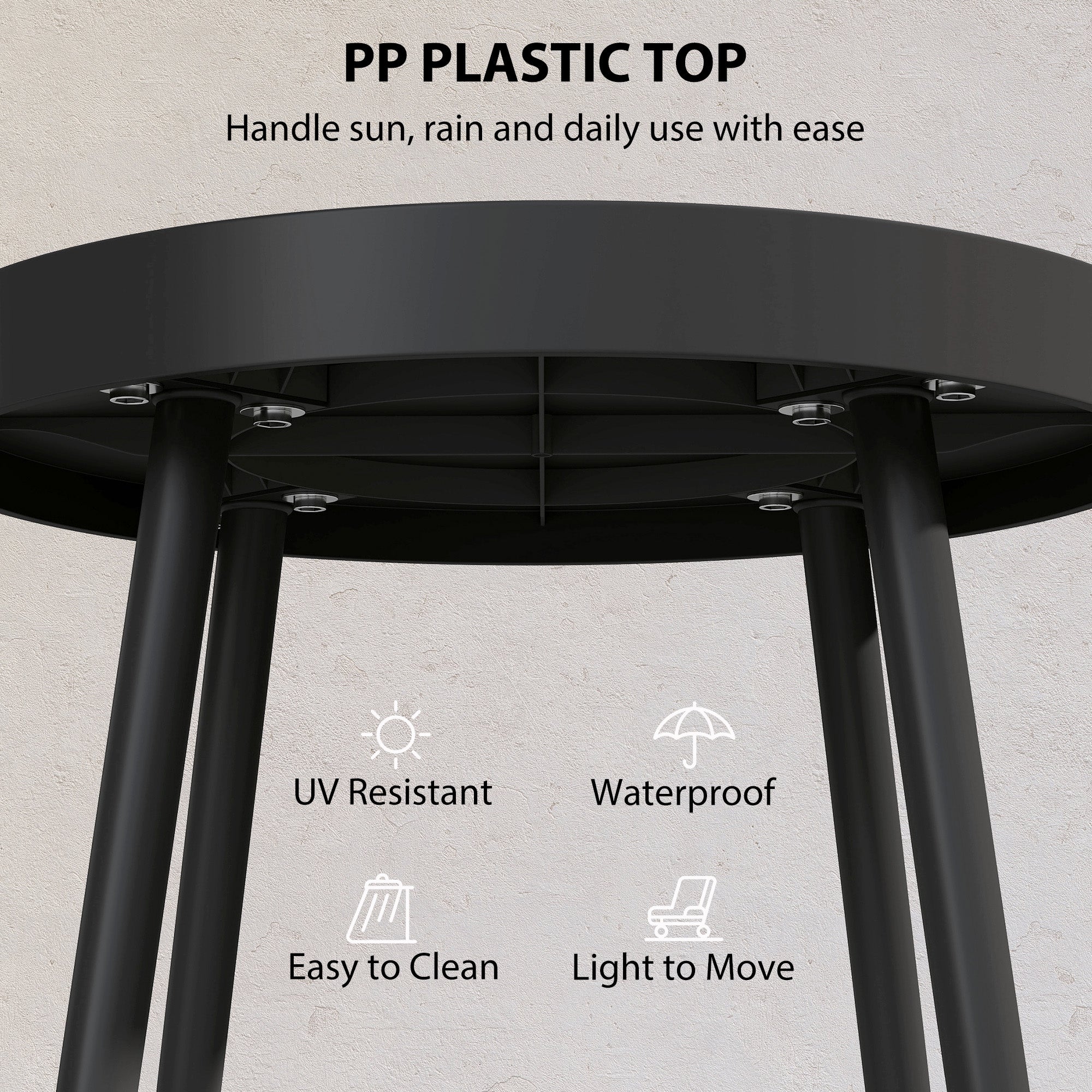 Outsunny 49.5 cm Round Garden Table, Small Outdoor Coffee Side Table with Plastic Tray-Style Top, Metal Legs, Black