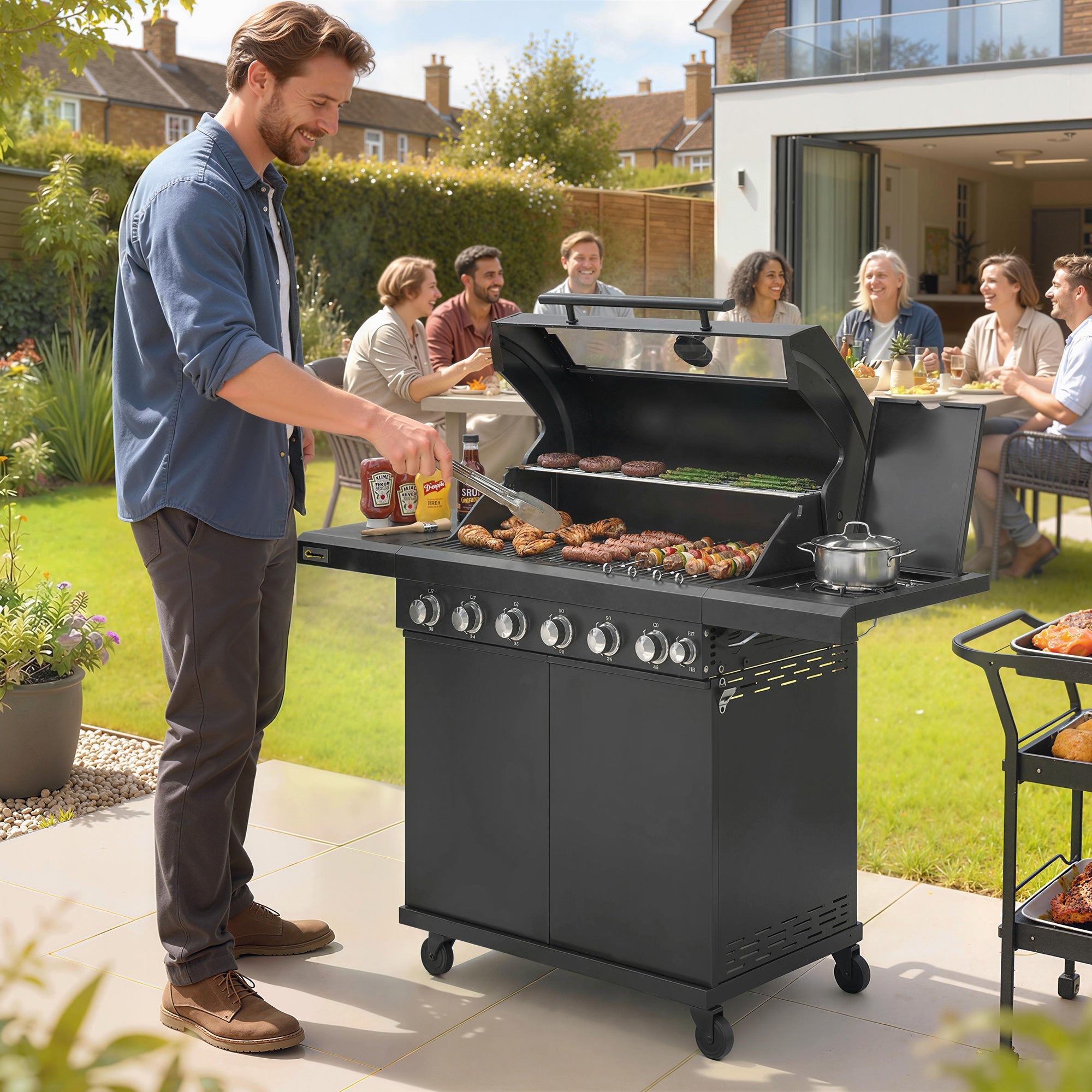 Outsunny 6+1 Burner Gas BBQ Grill, Outdoor Barbecue Trolley with Wheels, Warming Rack, Thermometer, Bottle Opener, Black