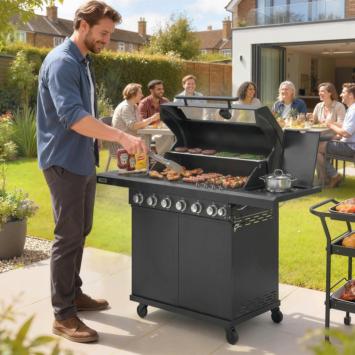 Outsunny 6+1 Burner Gas BBQ Grill, Outdoor Barbecue Trolley with Wheels, Warming Rack, Thermometer, Bottle Opener, Black