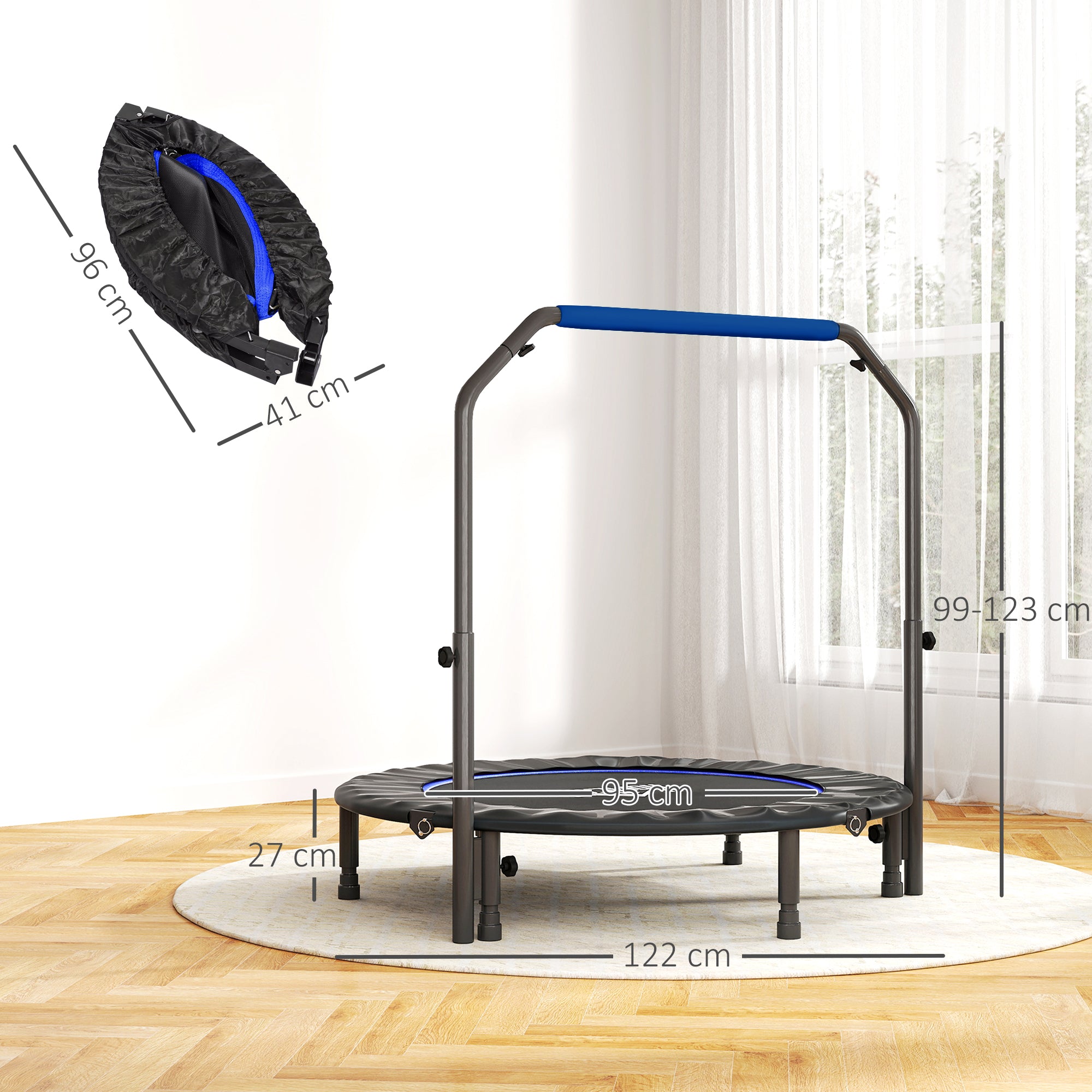 HOMCOM 48" Foldable Mini Fitness Trampoline, with Adjustable Foam Handle, Blue