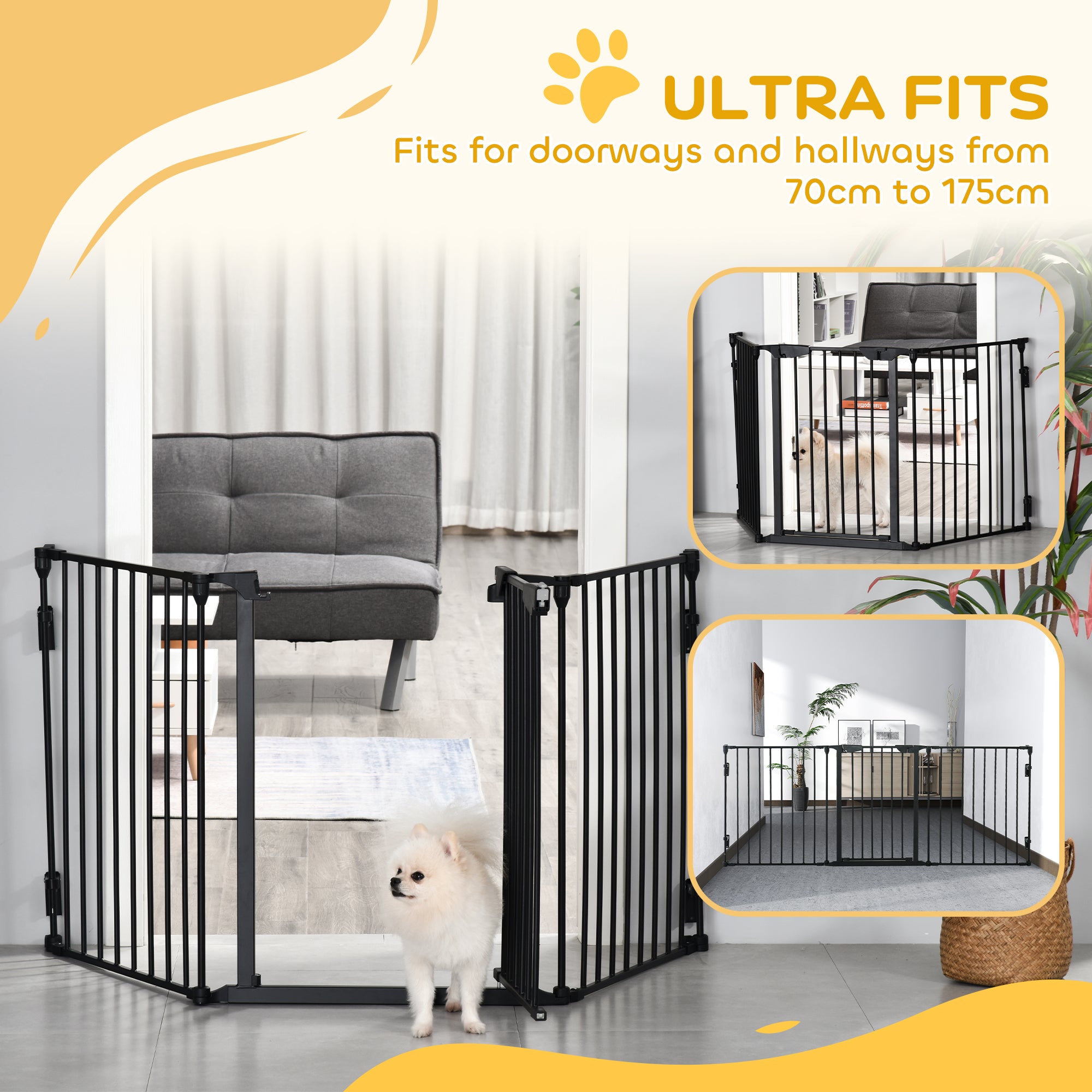 PawHut Pet Safety Gate, 3 Panels Playpen Fireplace, Metal Fence, Stair Barrier, Room Divider w/ Walk-Through Door - Black