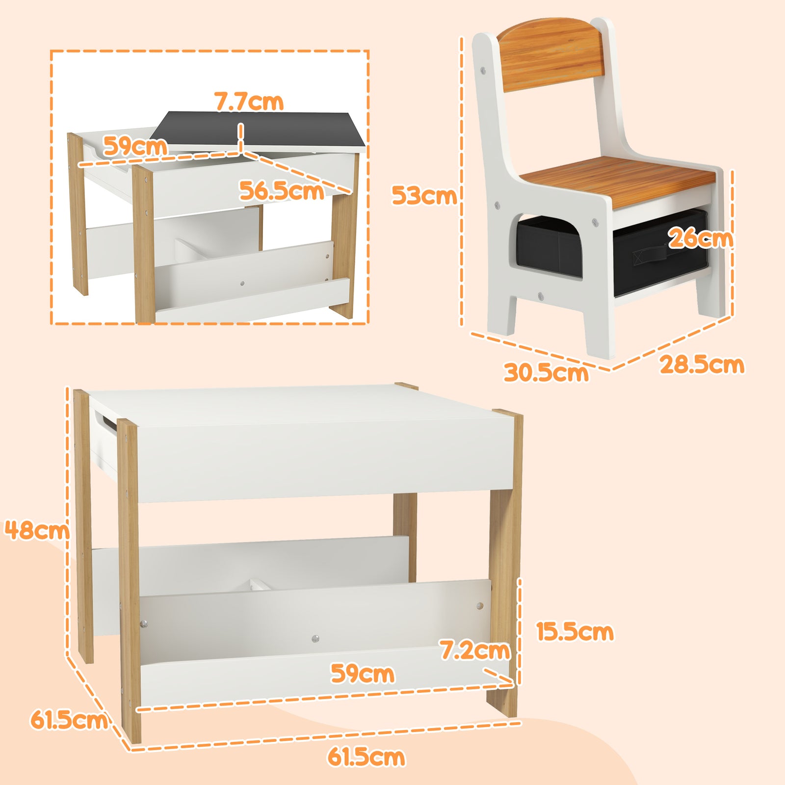 HOMCOM Three-Piece Kids Table and Chair Set with Blackboard, Storage, Bookshelves - Natural Wood