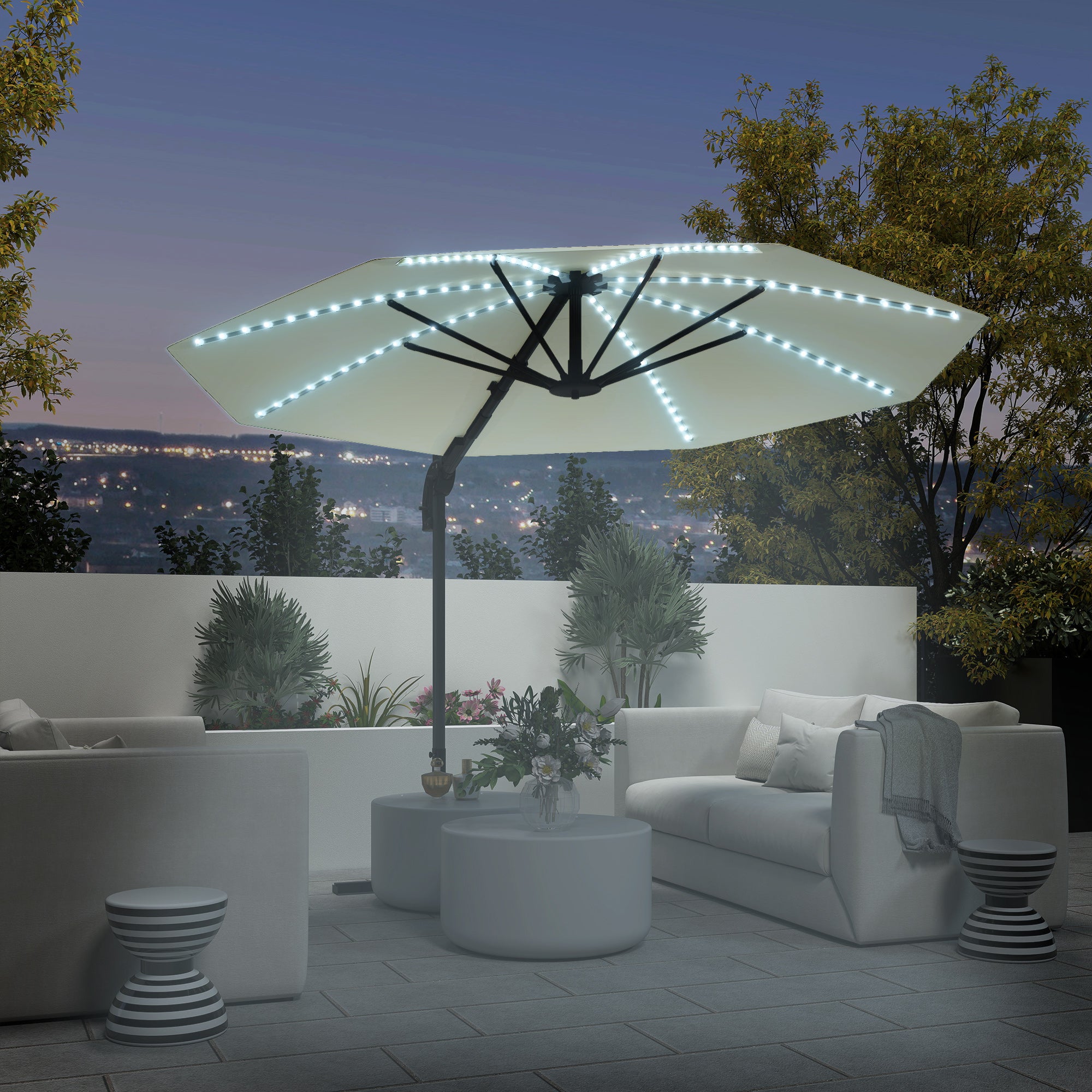 Outsunny 3(m) Cantilever Garden Parasol with Solar Powered Lights, Crank Handle & Cross Base, UPF 50+, 360√Ç¬∞ Rotation, Cream