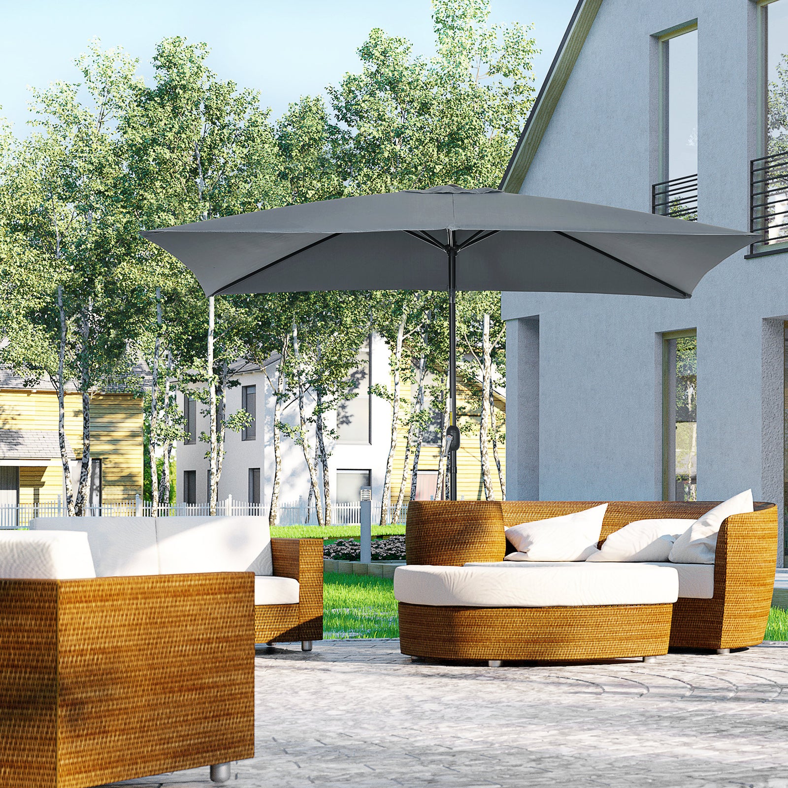 Outsunny 3x2m Garden Parasol Umbrella with Aluminium Pole, Tilt and Crank, Rectangular Outdoor Table Parasol Sun Shade for Patio, Dark Grey