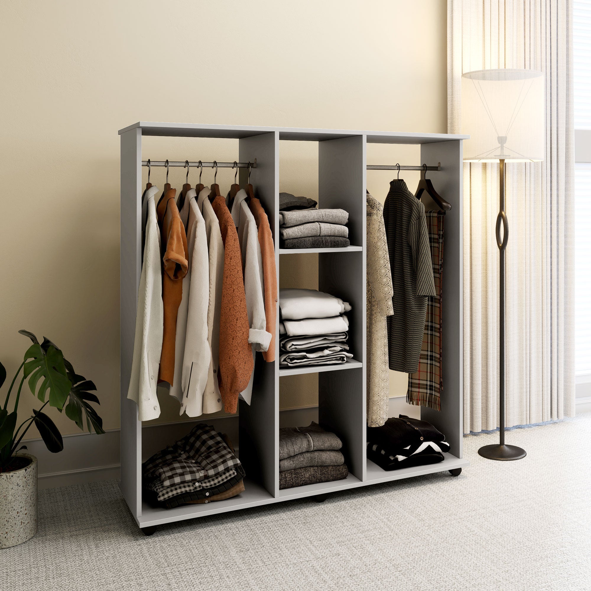 HOMCOM Open Wardrobe Double Mobile Storage Shelves Organizer W/6 Wheels-Grey