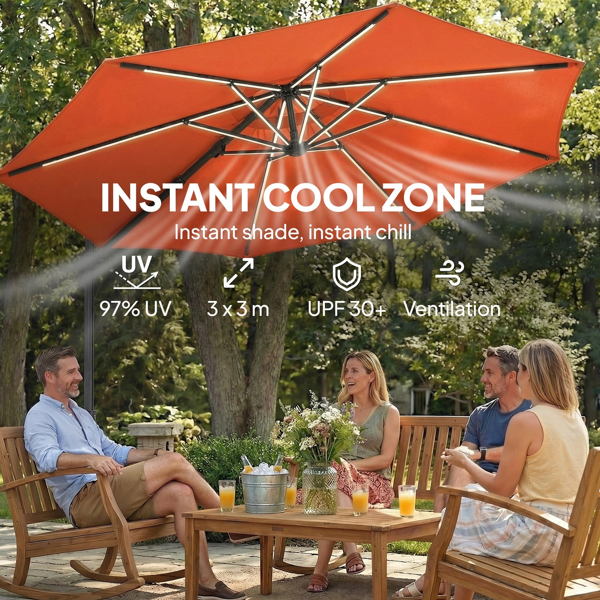 Outsunny 3 m Garden Cantilever Parasol with LED Solar Light, Round Overhanging Umbrella with 360Â° Rotation, Cover, Orange