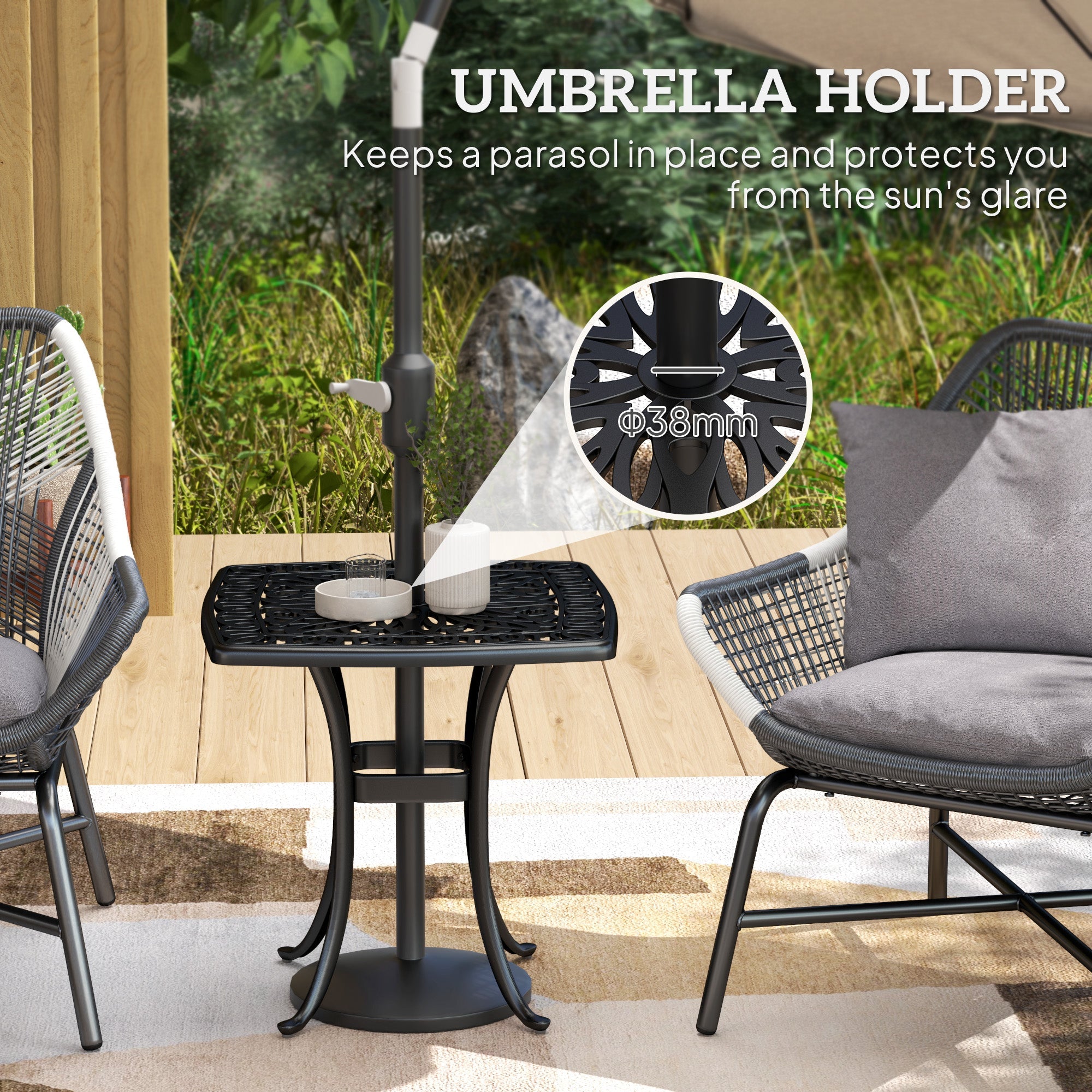Outsunny Outdoor Garden Table with 38mm Dia. Umbrella Hole, Cast Aluminium Patio End Table with Anti-slip Foot Pads for Garden, Patio, Balcony, 54 x 52.5cm, Black