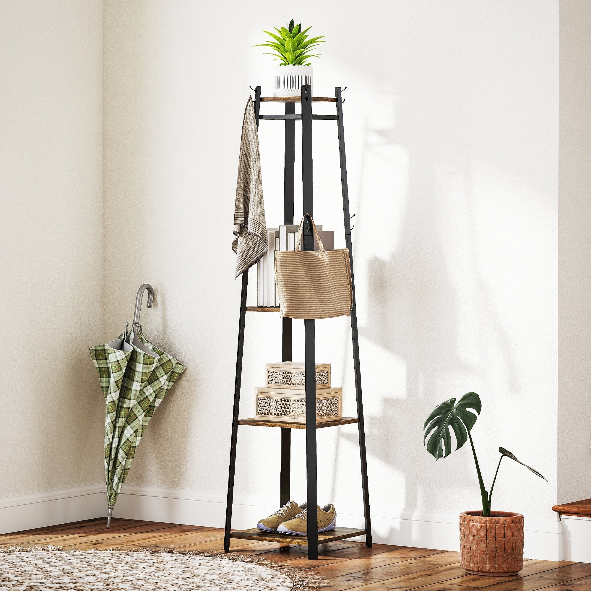HOMCOM Compact Freestanding Coat Rack - Black/Brown