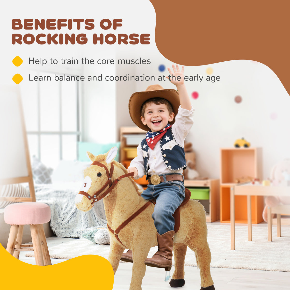 HOMCOM Kids Ride On Standing Horse Cuddly Toy Children Plush Soft Pony Gift w/ Neigh Sound or 2 Years and Up Beige