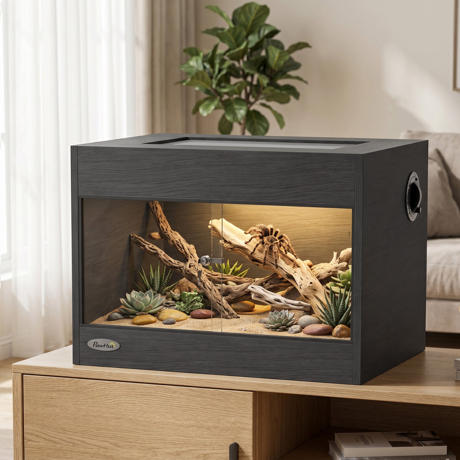 PawHut Reptile Terrarium, Reptile Vivarium with Glass Doors, Secure Lock, Top Ventilation for Snake, Gecko, 60x45x45cm, Black