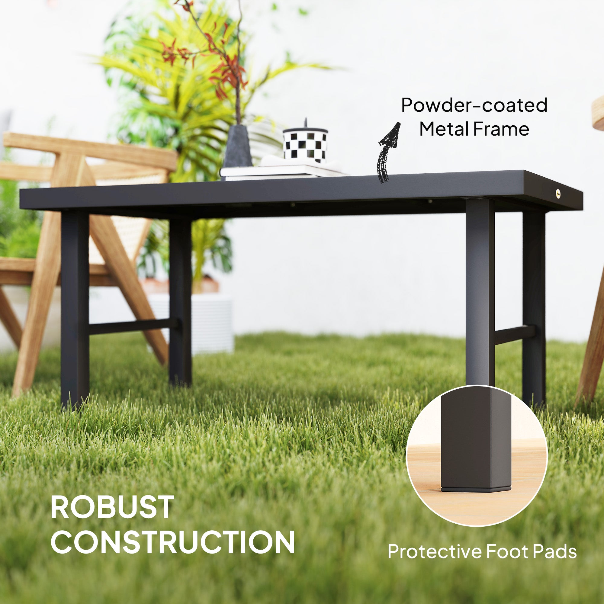 Outsunny Metal Garden Coffee Table, Outdoor Side Table with SPC Woodgrain Tabletop for Outside, Garden, Balcony, Porch, 100 x 53 x 46cm, Grey Wood Effect