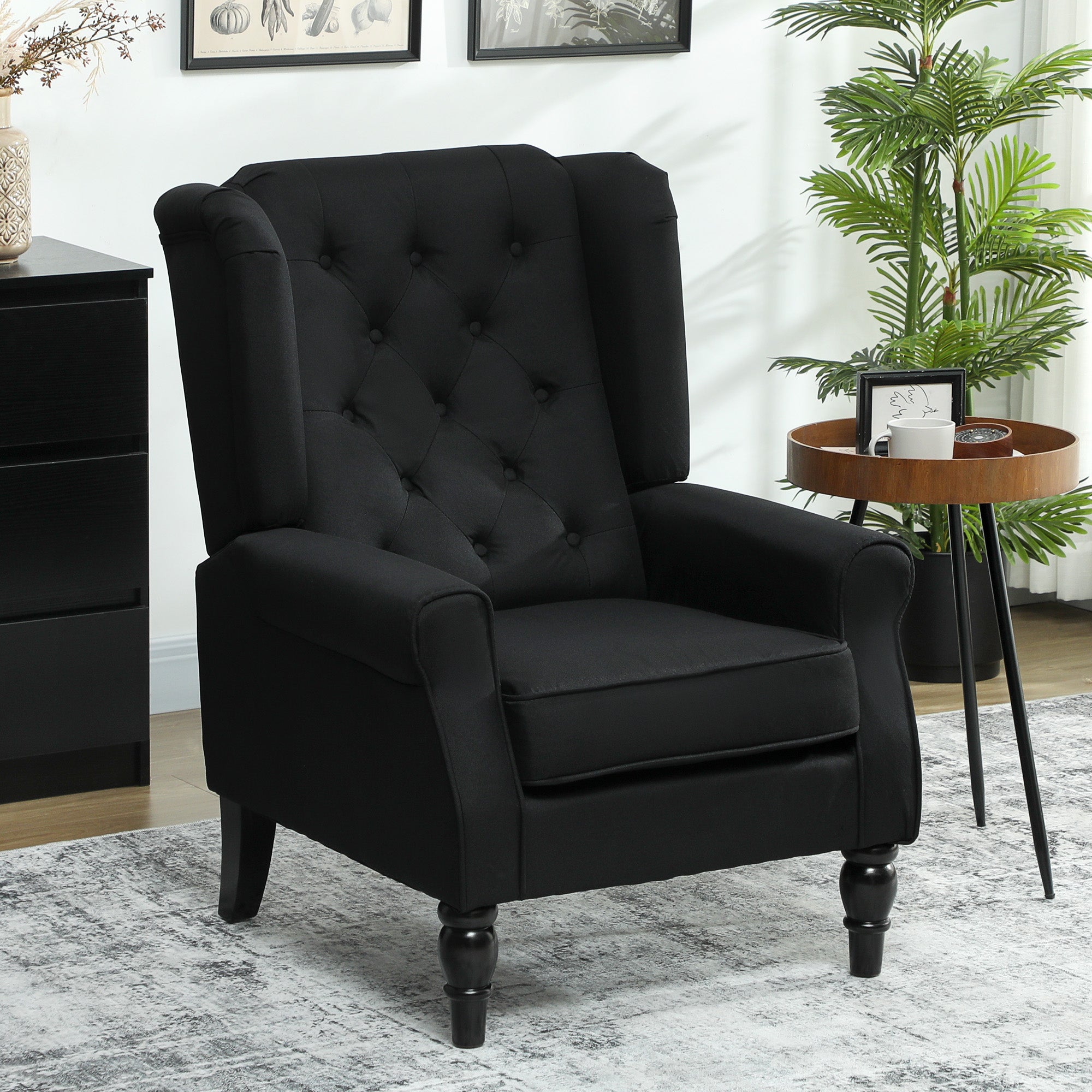 HOMCOM Retro Accent Chair, Linen Wingback Armchair with Wood Frame Button Tufted Design for Living Room Bedroom, Black